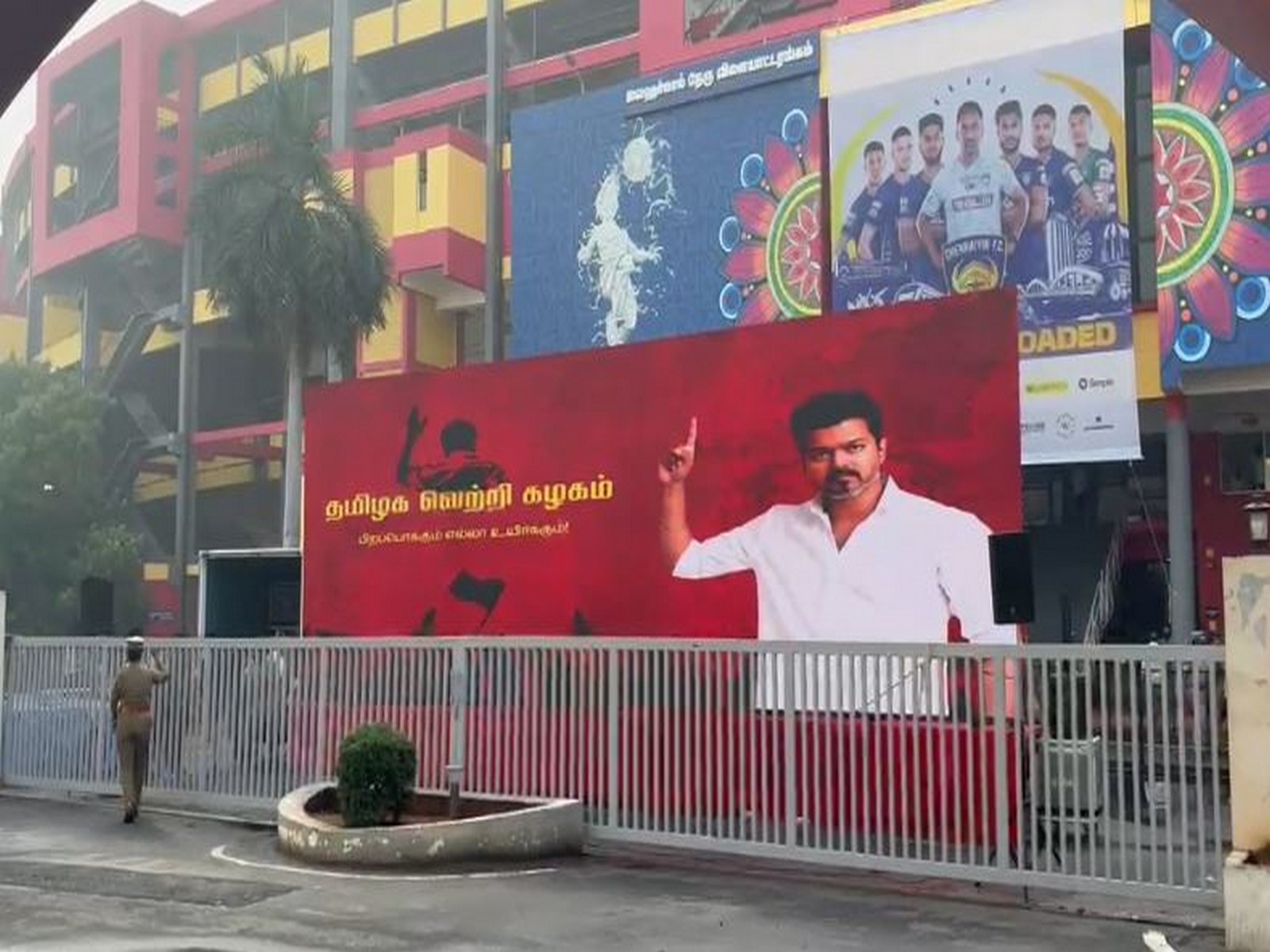 Visuals from Outside Nehru stadium where CM Designate Vijay to take oath (Photo: ANI)