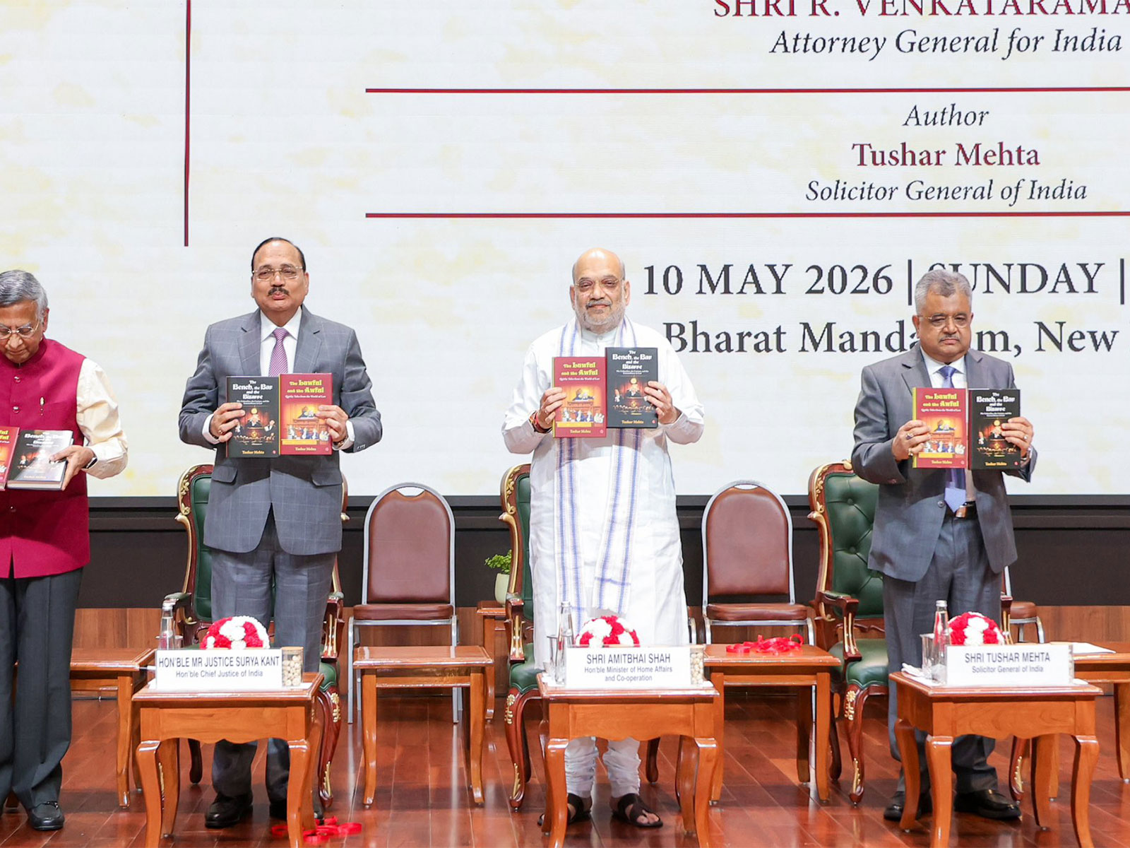 CJI Surya Kant, Union Home Minister Amit Shah, Attorney General for India, R Venkataramani and Solicitor General Tushar Mehta at book launch event (Photo: x/@AmitShah)
