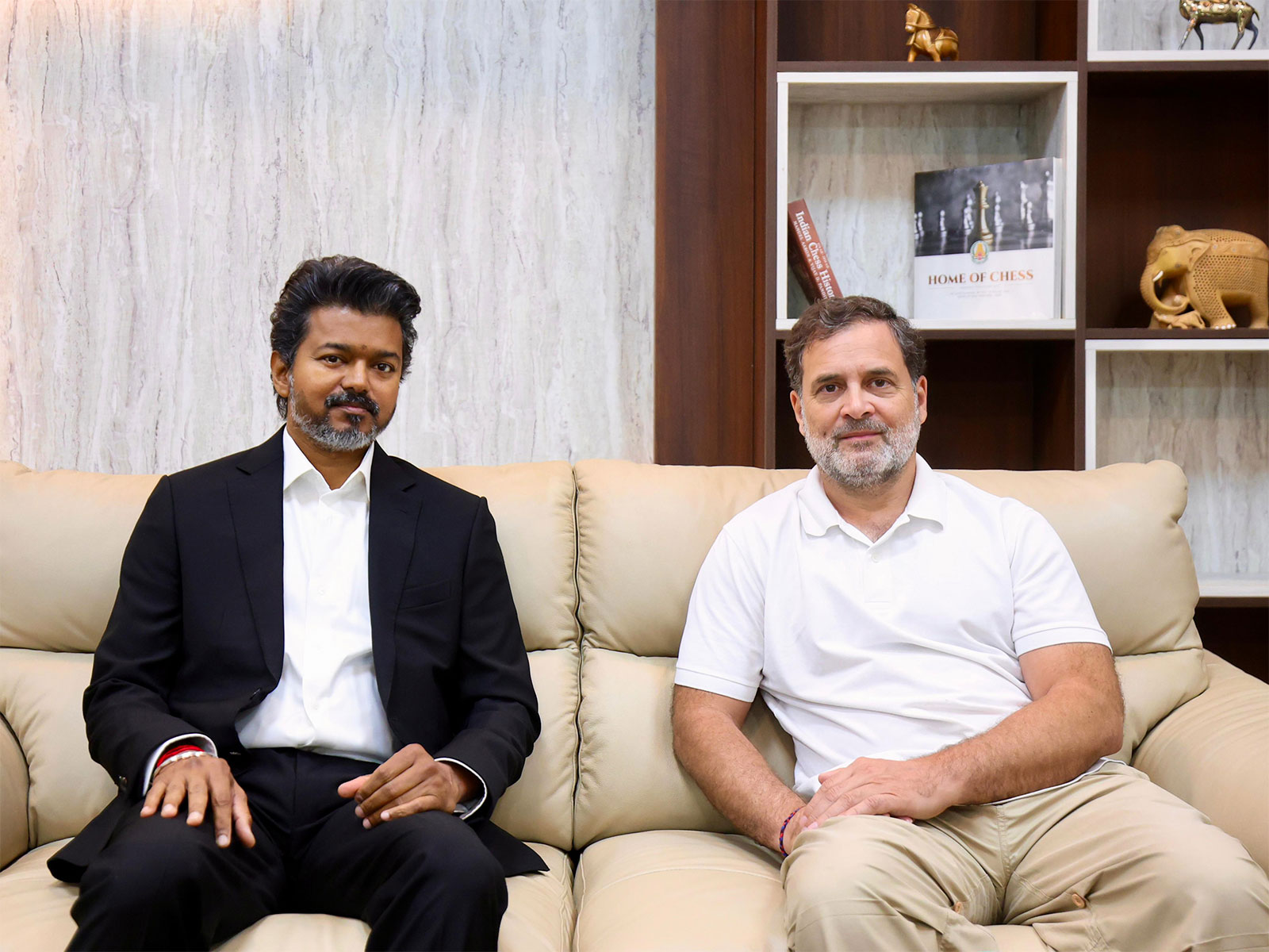 Tamil Nadu CM Vijay with Lok Sabha Leader of Opposition Rahul Gandhi (Photo/ANI)
