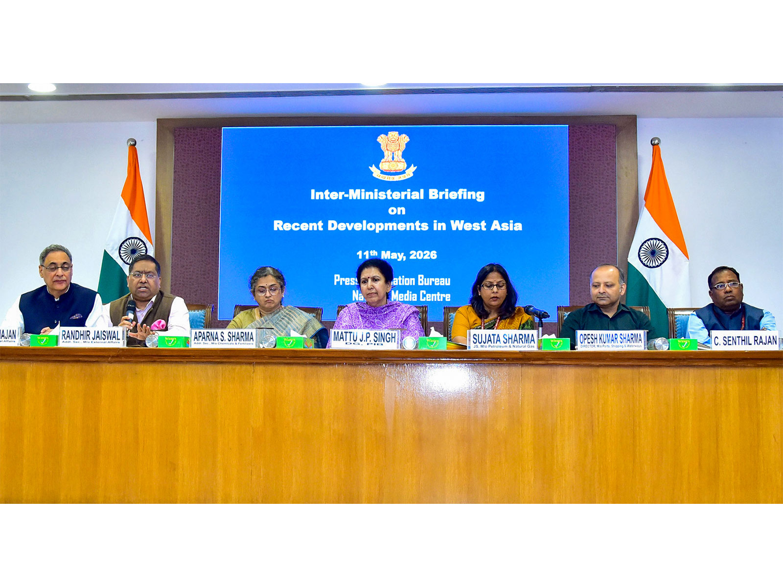 Additional Secretary, Ministry of External Affairs, Randhir Jaiswal addresses the Inter-ministerial briefing on the Recent Developments in West Asia at the National Media Centre, in New Delhi on Monday (Photo/ANI)
