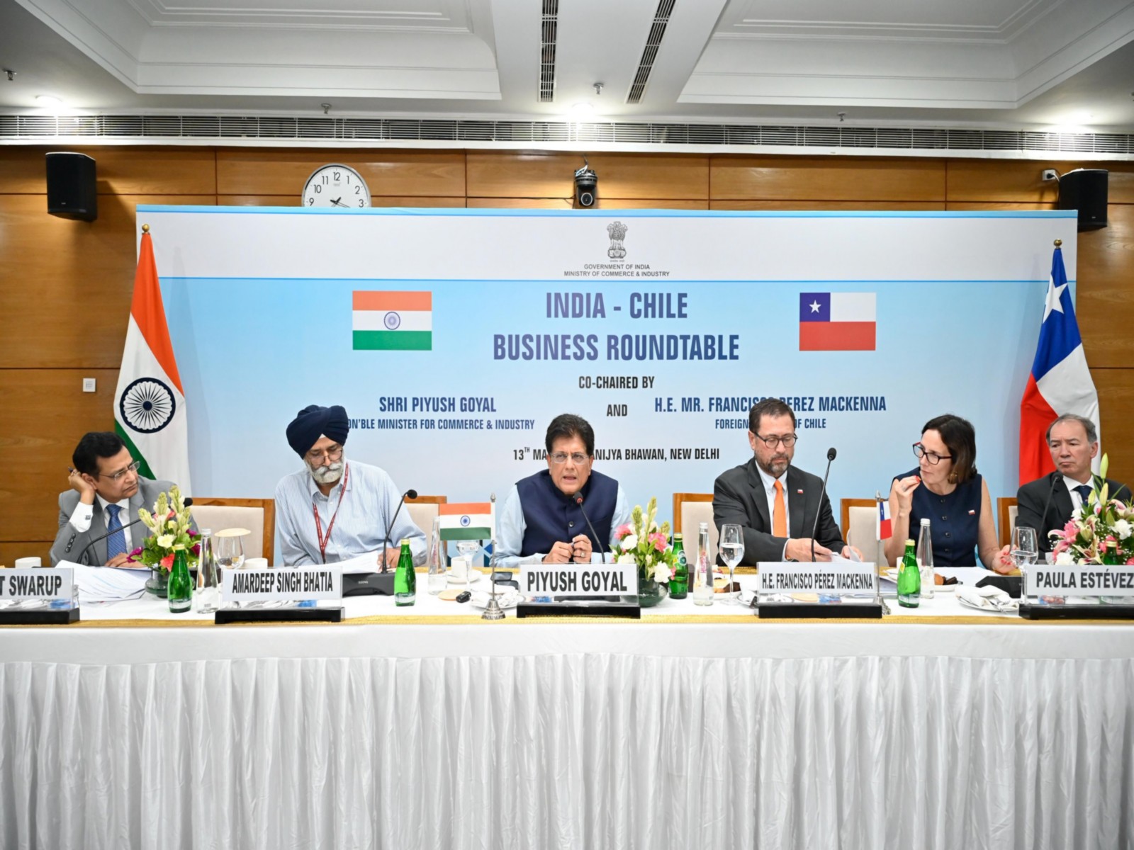 Union Minister of Commerce and Industry Piyush Goyal attends the India-Chile Business Roundtable alongside Chilean Foreign Affairs Minister Francisco Pérez Mackenna and Vice-Minister of International Economic Relations (SUBREI) Paula Estévez in New Delhi. (Photo: X/@PiyushGoyal)