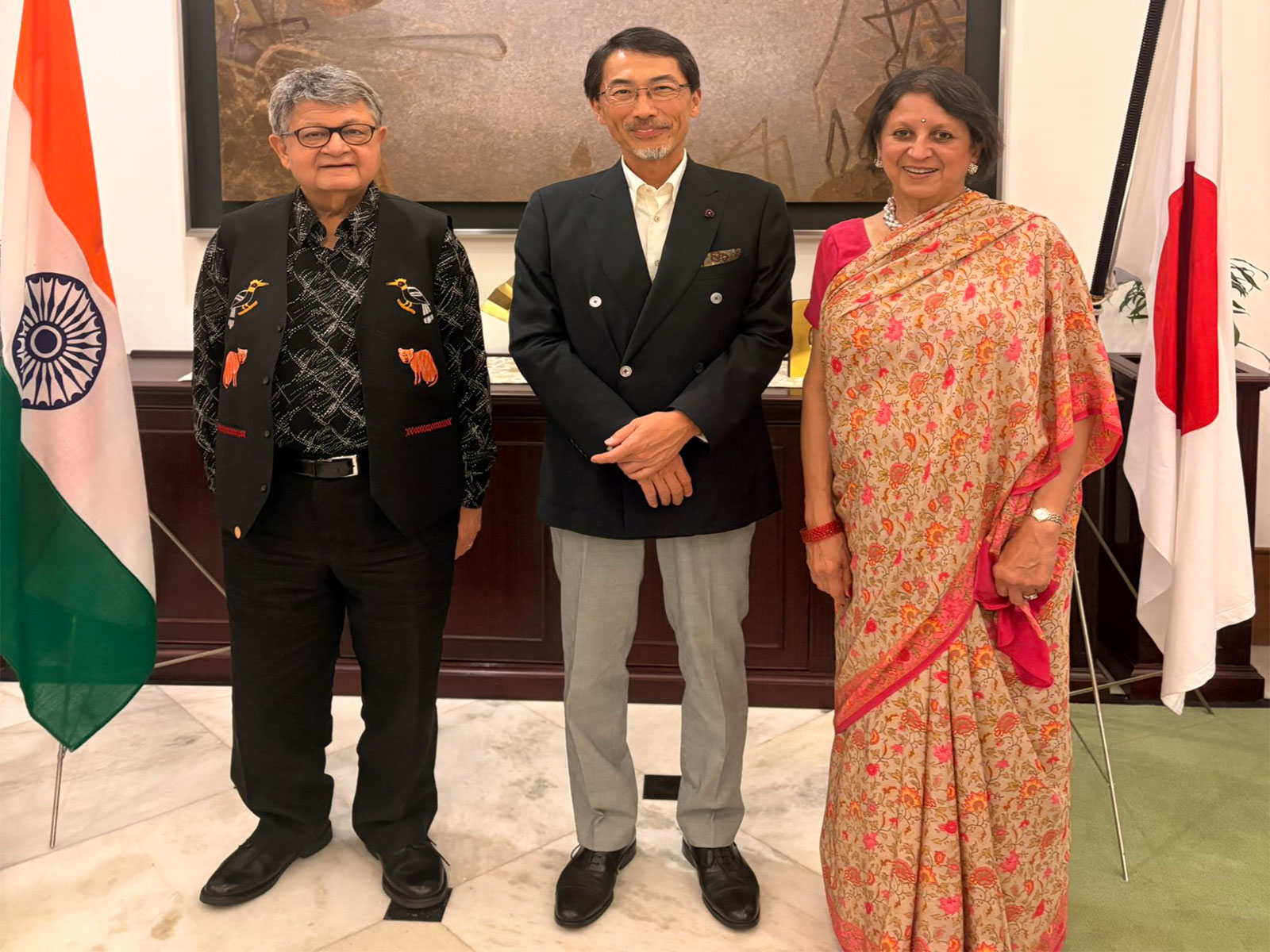 Ambassador of Japan to India and Bhutan, Ono Keiichi (in centre) hosts farewell gathering for NITI Aayog VC Suman Bery (on left) (Photo/X/@JapanAmbIndia)