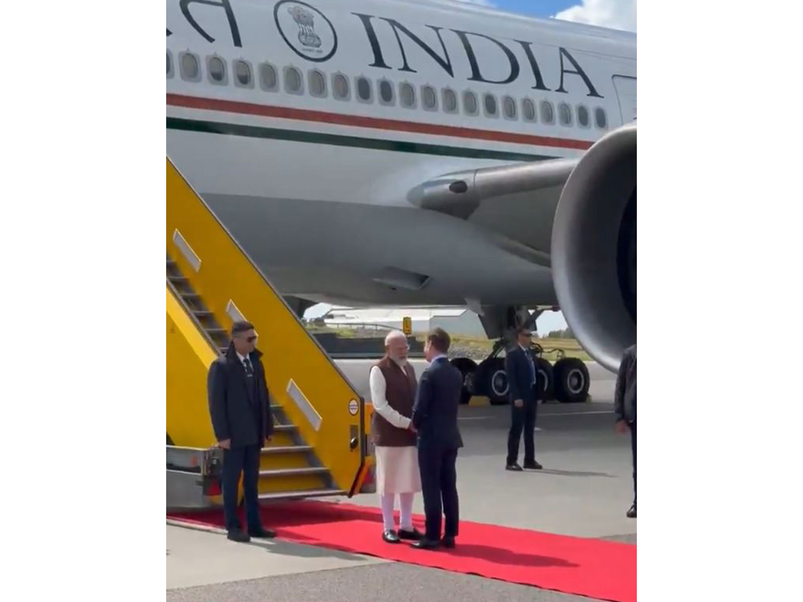 Prime Minister Narendra Modi receives a warm welcome from Swedish Prime Minister Ulf Kristersson upon arriving in Gothenburg, Sweden. (Photo/ANI)