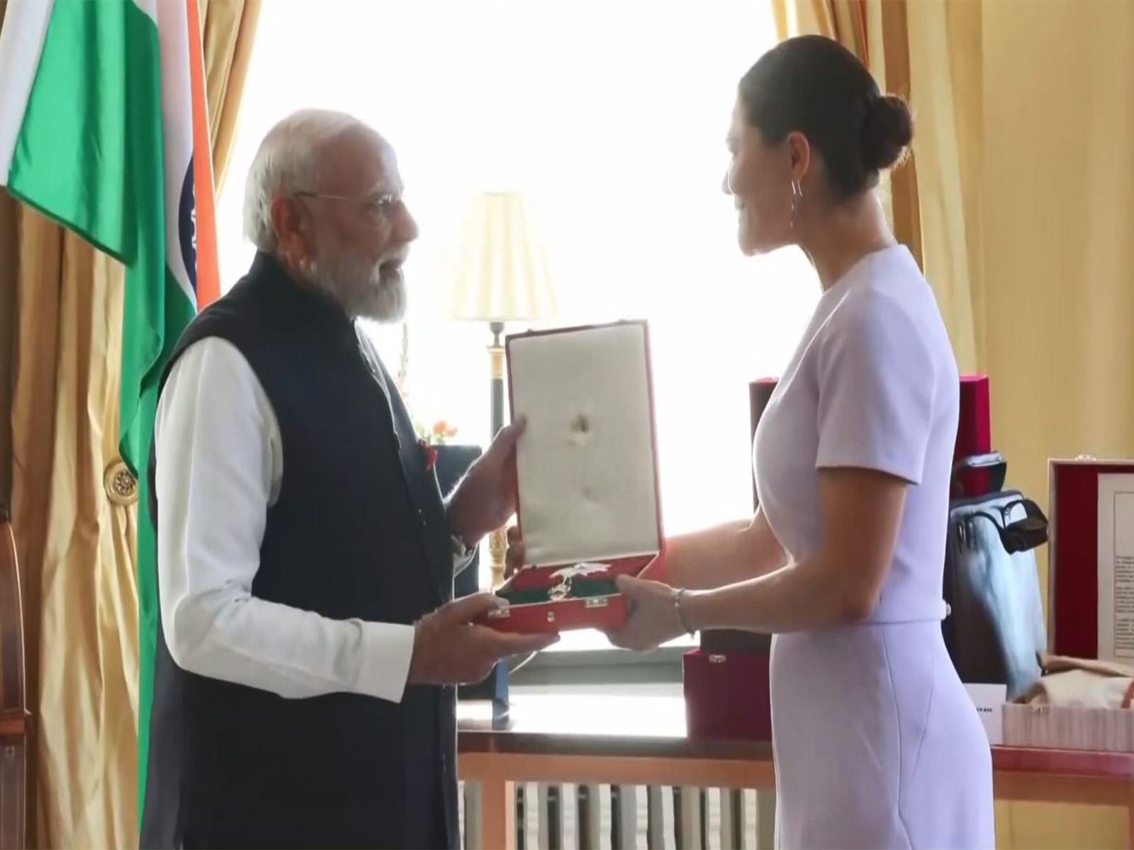 Prime Minister Narendra Modi receives Sweden’s prestigious “Royal Order of Polar Star Commander Grand Cross” during his visit to Gothenburg. (Photo/ANI)
