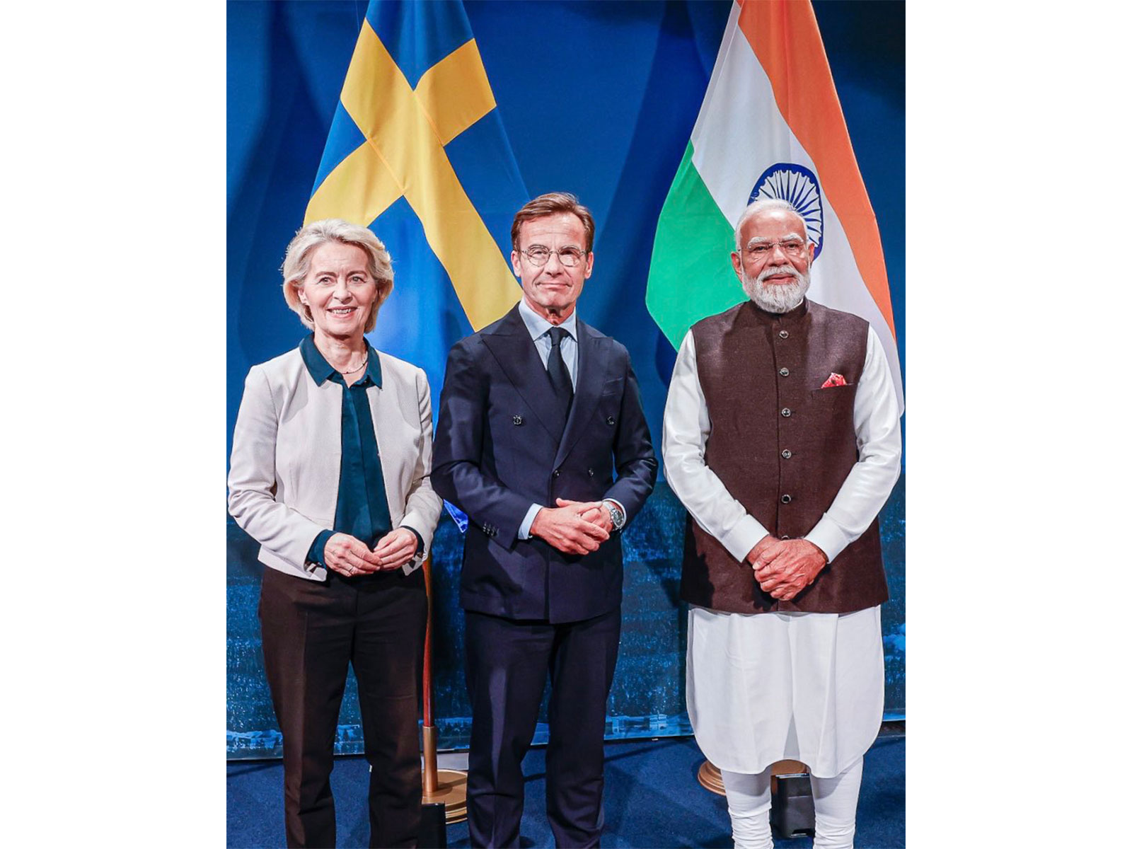 European Commission President Ursula von der Leyen (Left),  Swedish Prime Minister Ulf Kristersson (Centre) and Prime Minister Narendra Modi (Photo/X/@SwedishPM)