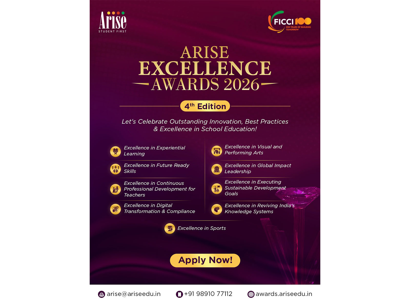 Applications are now open for the 4th Edition of ARISE Excellence Awards 2026, recognising excellence, innovation and impact in school education across India
