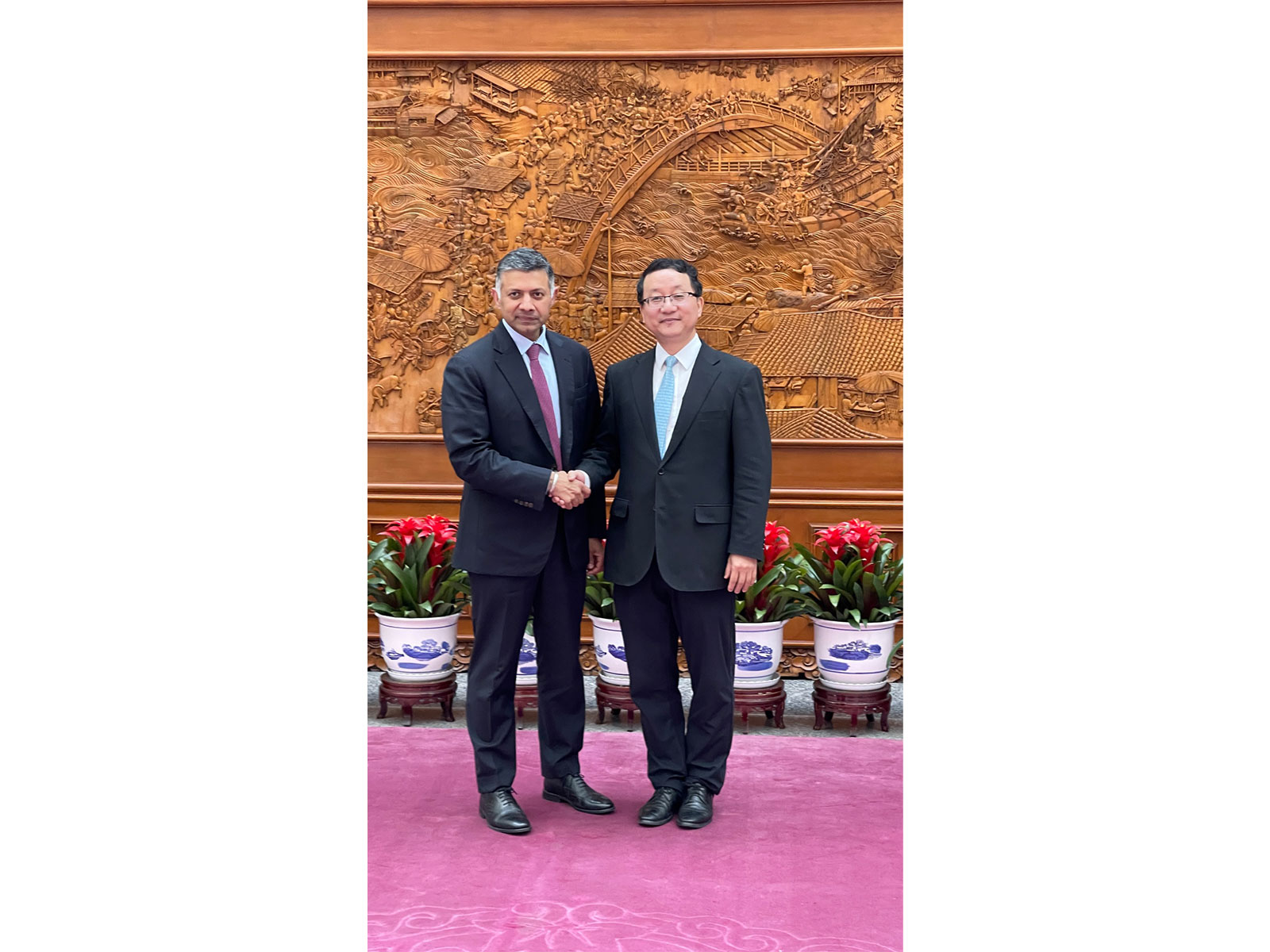 Ambassador Vikram Doraiswami holds an introductory meeting with the Director General of the Department of Asian Affairs of the Ministry of Foreign Affairs of China, Liu Jinsong (Photo/X/@EOIBeijing)