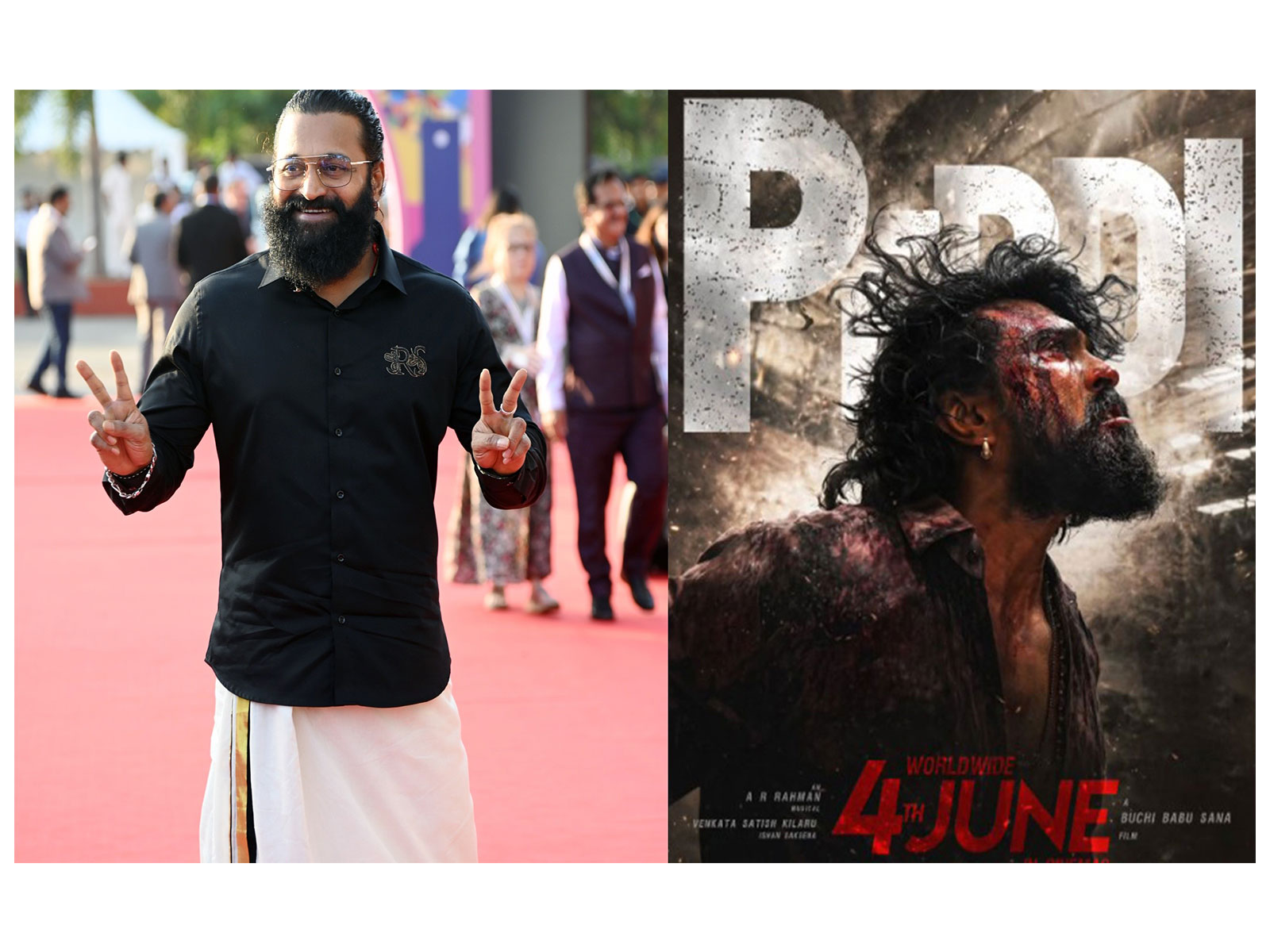 Rishab Shetty (Photo/ANI) and Peddi poster (Photo/Instagram@vriddhicinemas)