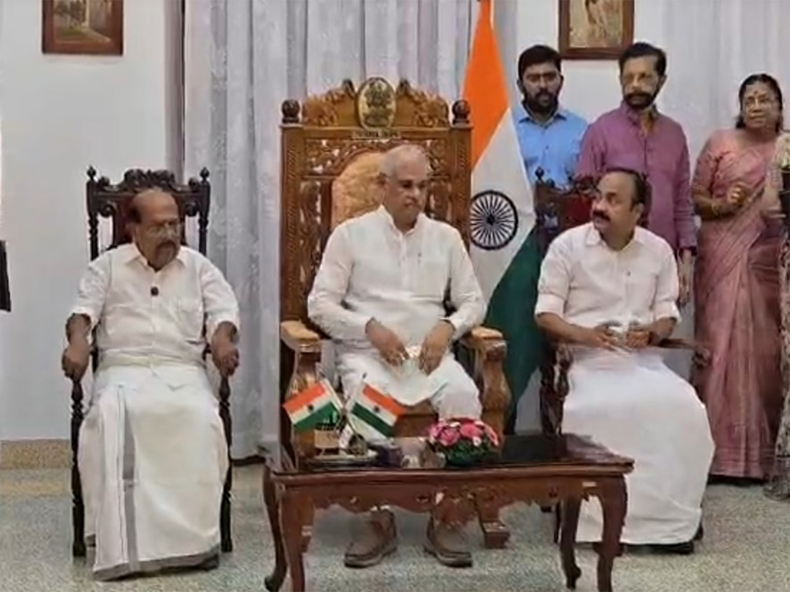 Keralam Chief Minister VD Satheesan and Governor Rajendra Vishwanath Arlekar for swearing-in of Legislative Assembly pro-term speaker G Sudhakaran (Photo/CMO)