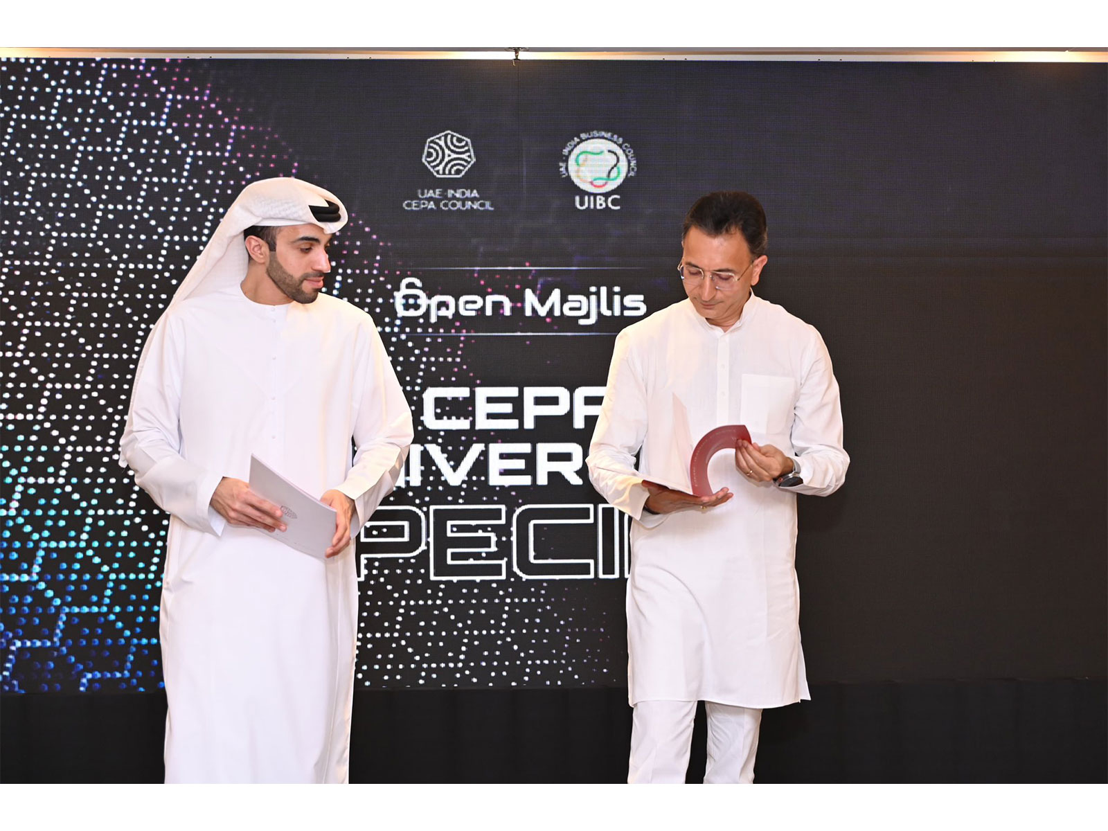 UAE Ambassador to India Abdulnasser Alshaali and Union Minister of State for Commerce and Industry Jitin Prasada at UAE-India CEPA Council’s “Open Majlis” event (Photo/X@JitinPrasada)