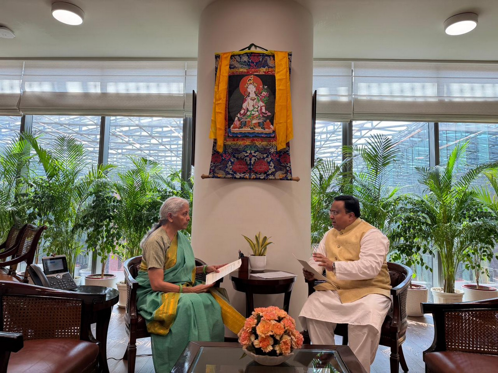 BJD MP Sasmit Patra meets FM Nirmala Sitharaman (Photo/ANI)