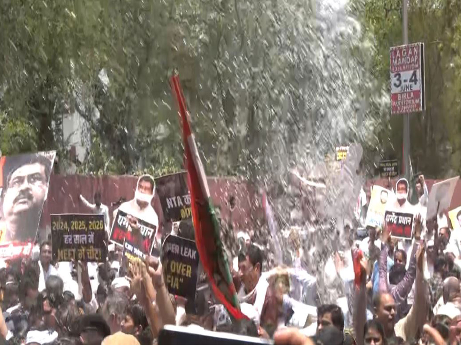 Jaipur: Police use water cannons to disperse Congress workers during protest march against NEET UG 2026 paper leak case (Photo/ANI)