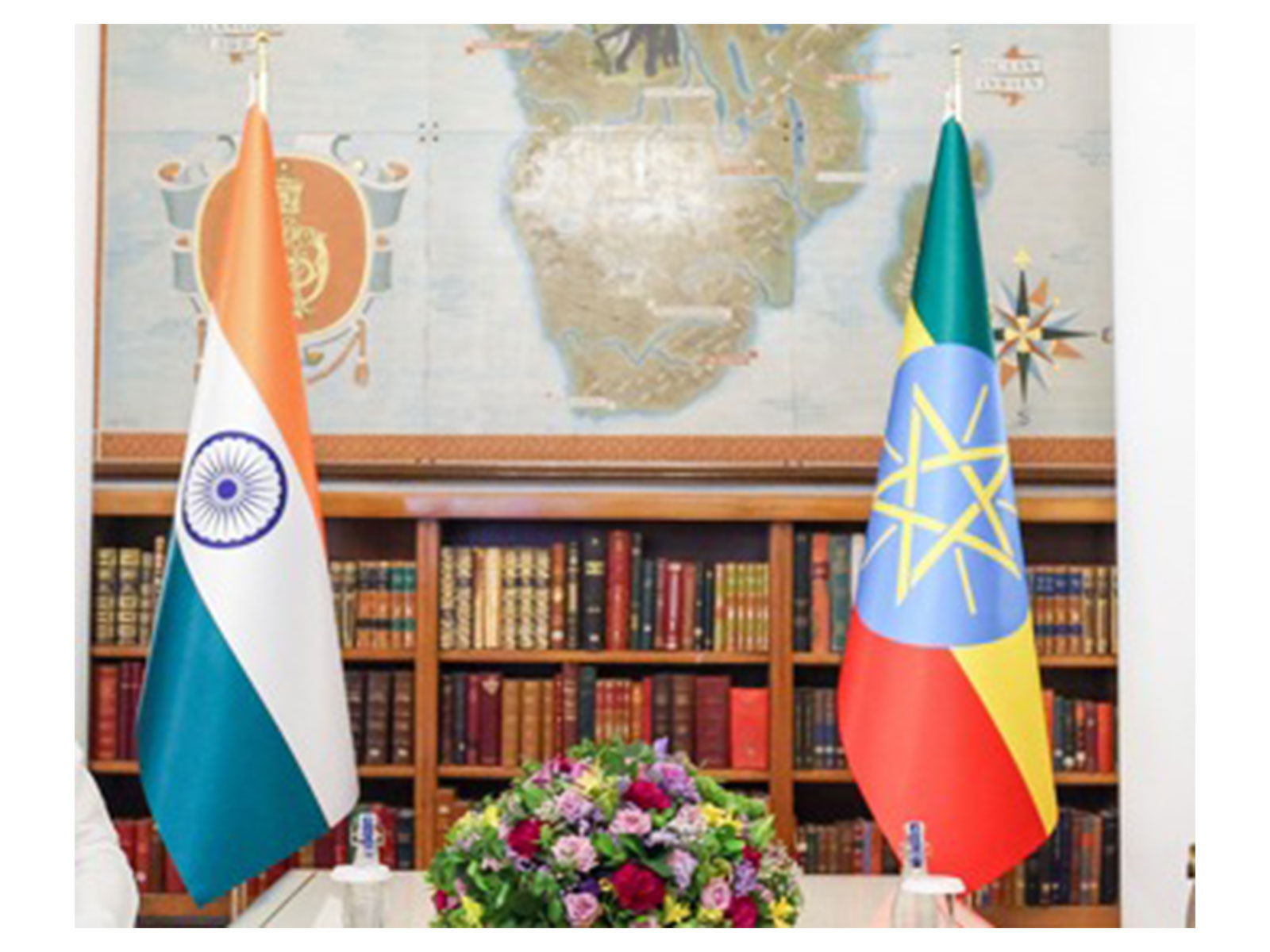 Flags of India and Ethiopia displayed. (DPR PMO/ANI Photo)
