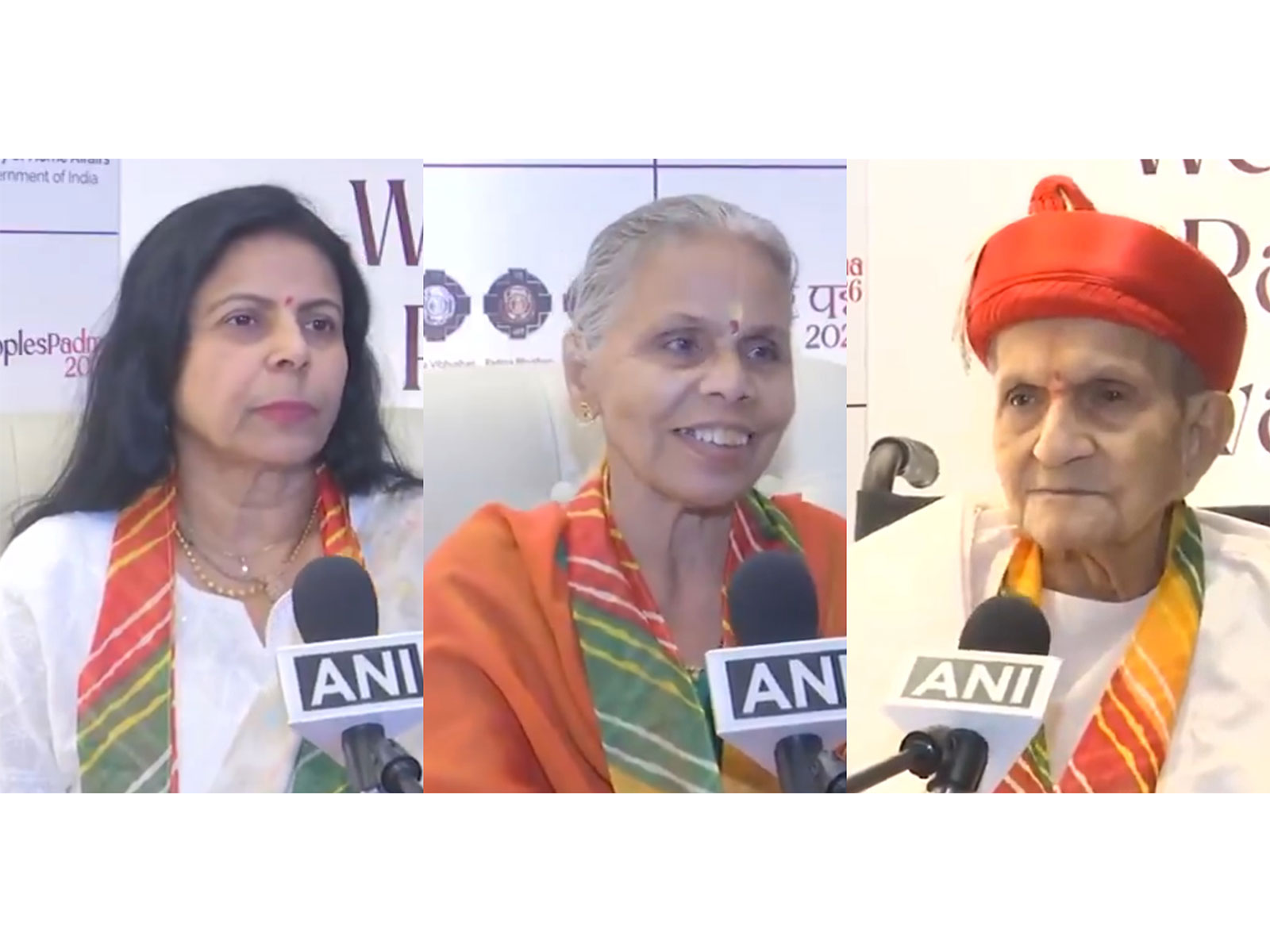 Padma Shri awardees Dharmiklal Chunilal Pandya, Sunita Godbole, Tripti Mukherjee (Photo/ANI)
