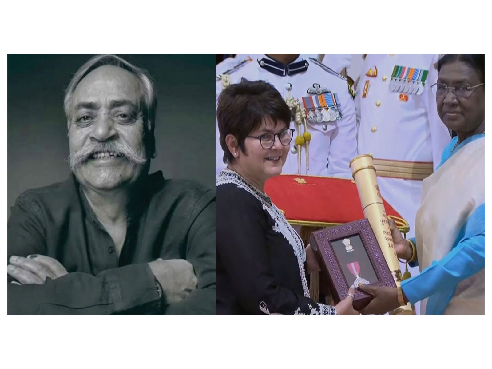Adman Piyush Pandey (Photo/ X@bhogleharsha) and Wife Neeta Joshi recieving Padma Bhushan (Photo/PresidentofIndia/SocialMedia)