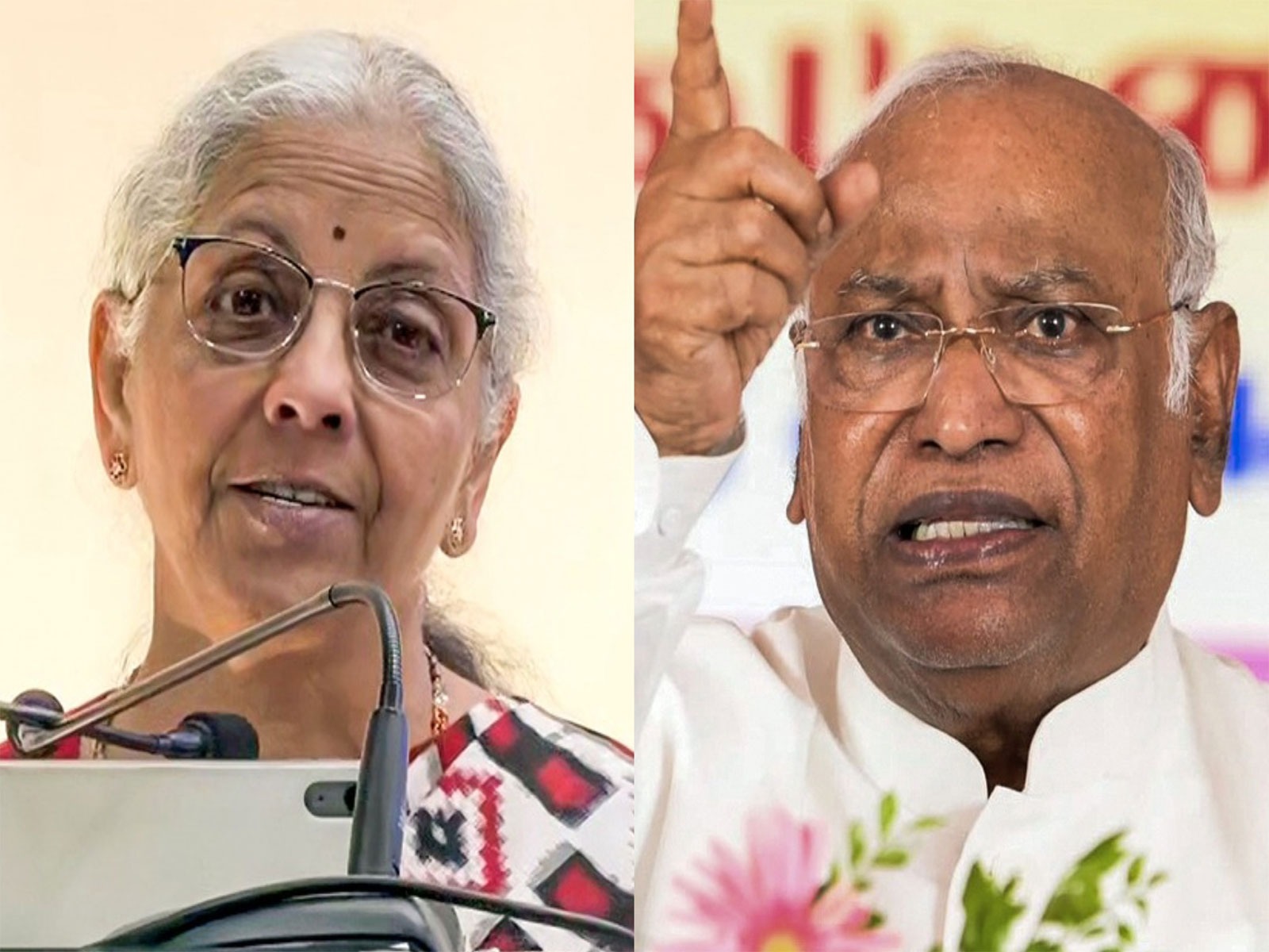 Union Finance Minister Nirmala Sitharaman and Congress President Mallikarjun Kharge (Photo/ANI)