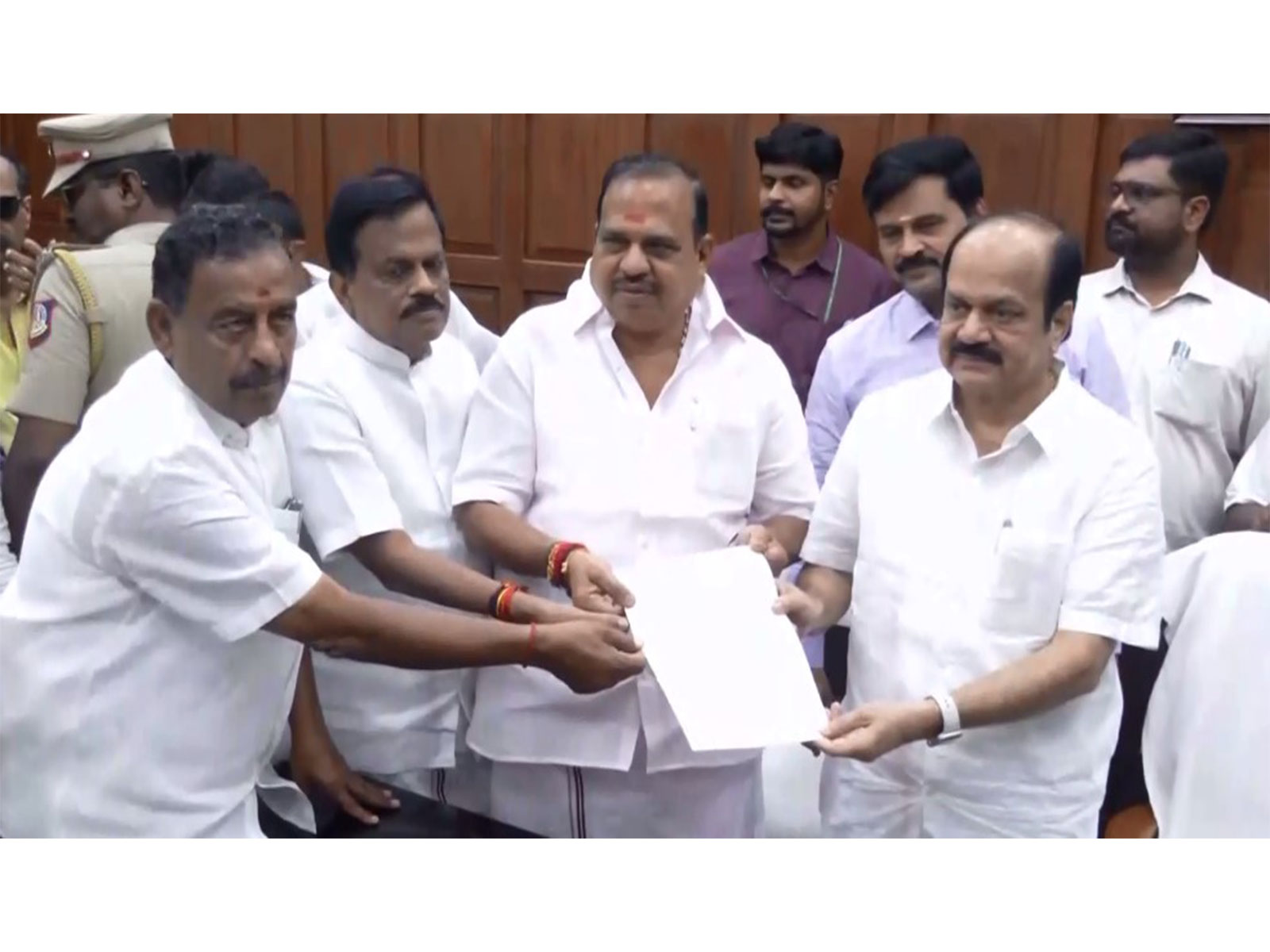 Senior AIADMK MLAs meet Tamil Nadu speaker JCD Prabhakar (Photo/ANI) Senior AIADMK MLAs meet Tamil Nadu speaker JCD Prabhakar (Photo/ANI)