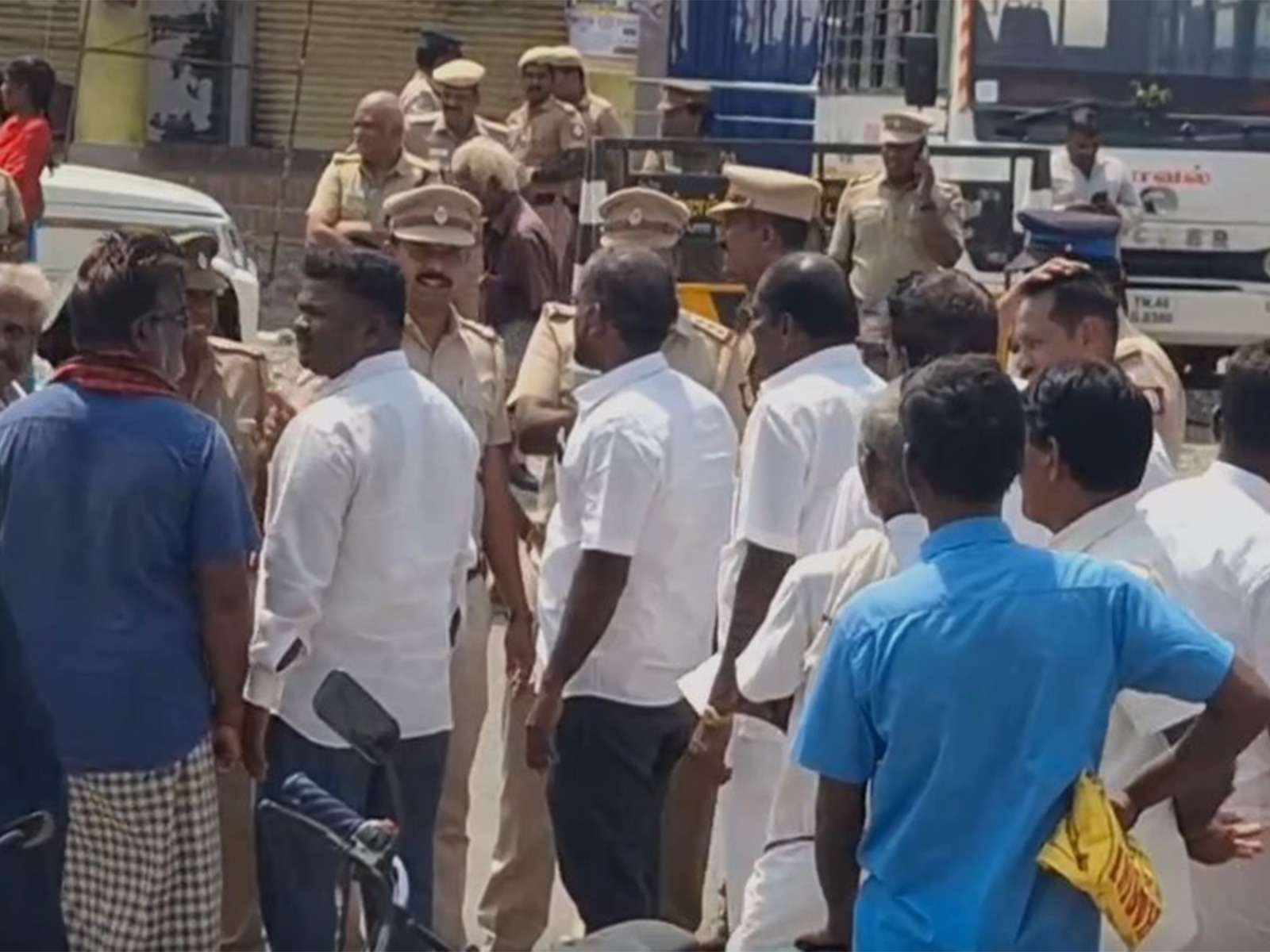 Police personnel in Perambalur after VCK and DMK clash (Photo/ANI)