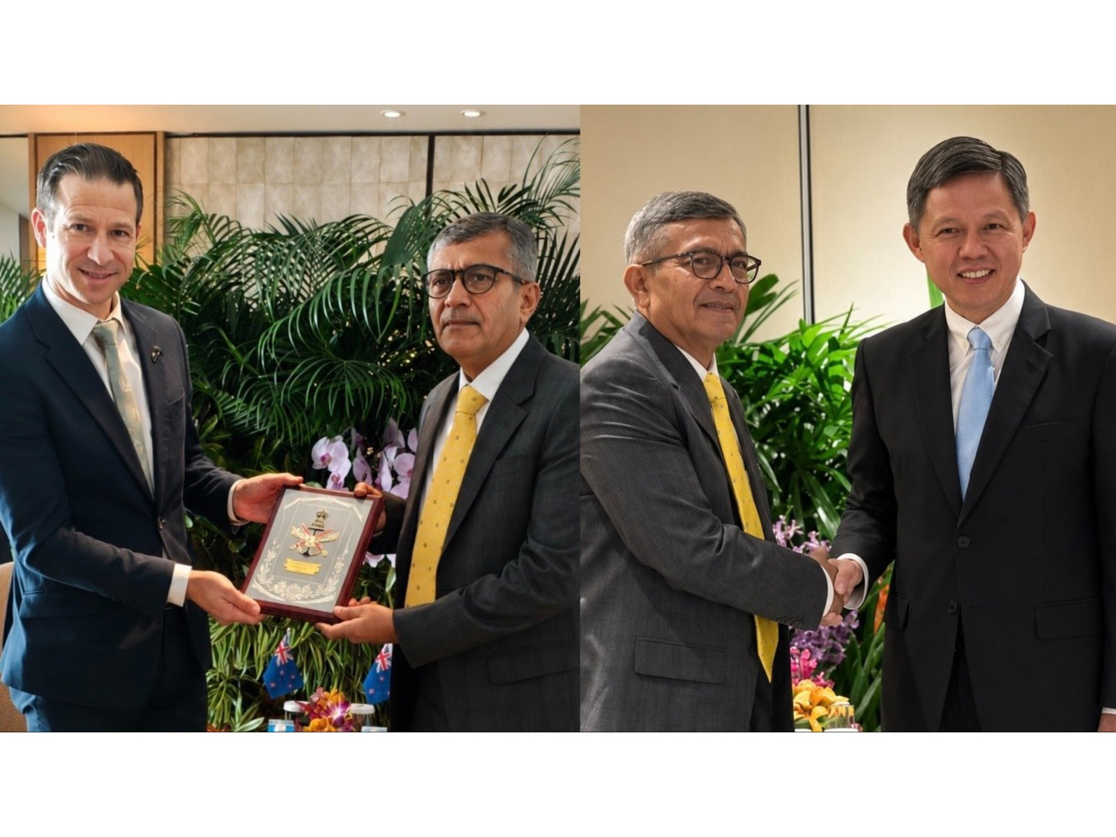 Defence Secretary Rajesh Kumar Singh meets Defence Minister of New Zealand Chris Penk (left) and Minister for Defence of Singapore Chan Chun Sing (Photo/X/@SpokespersonMoD)