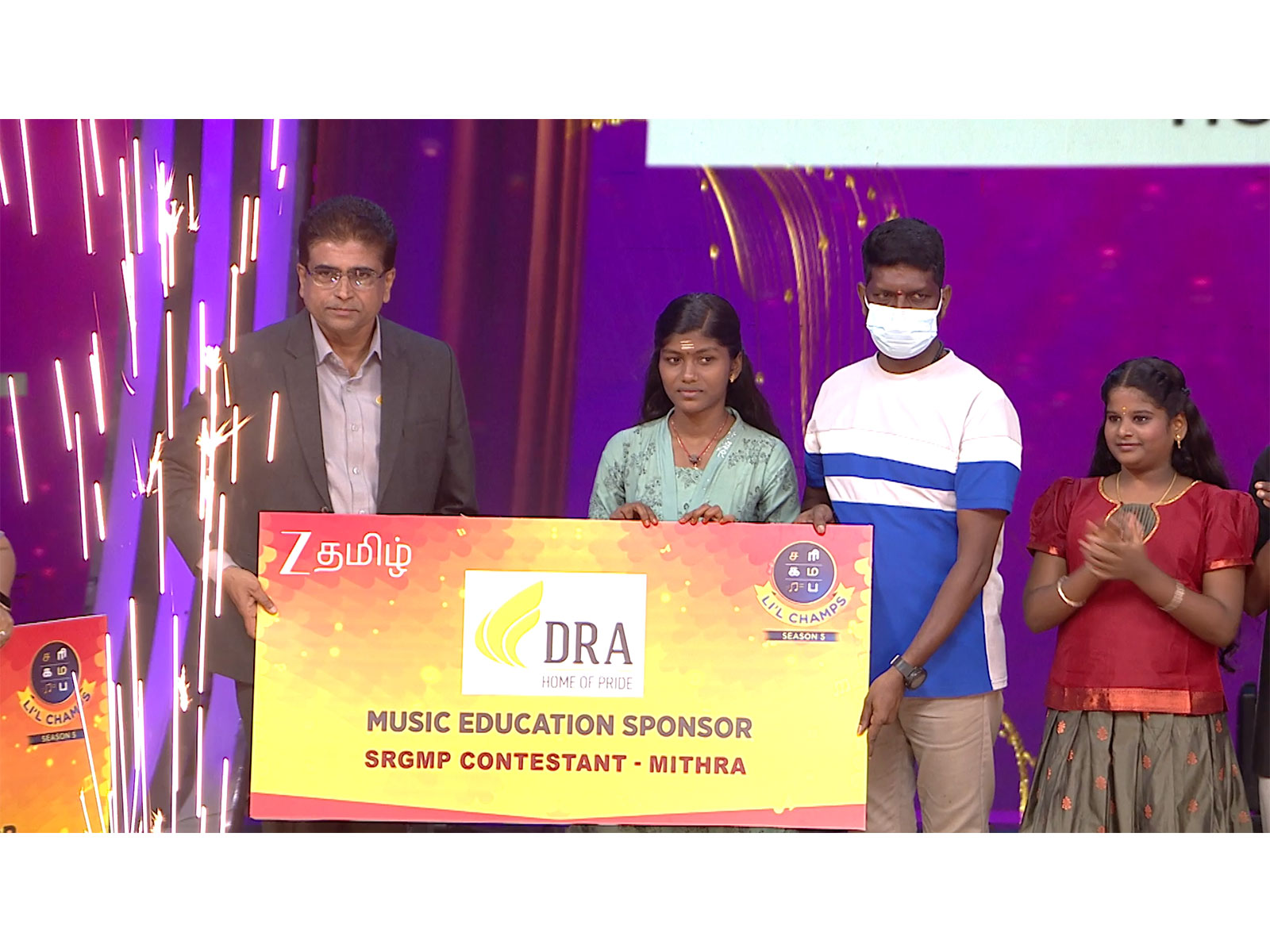 A special moment on Sa Re Ga Ma Pa Lil Champs Season 5 as DRA announces music education sponsorship of Mithra and Kiruthika