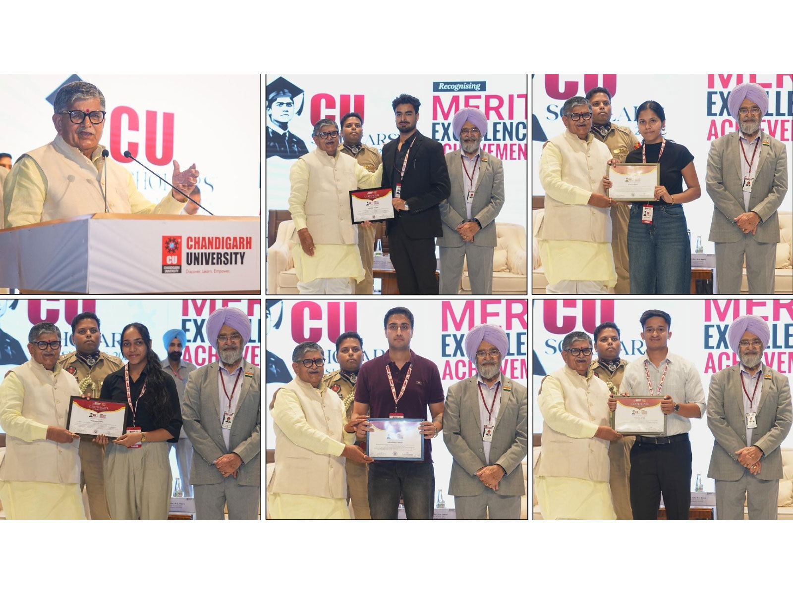 Meritorious students receiving scholarships from Punjab Governor, Gulab Chand Kataria during 3rd edition of Chandigarh University’s ‘CU Scholars’ Summit 2026’