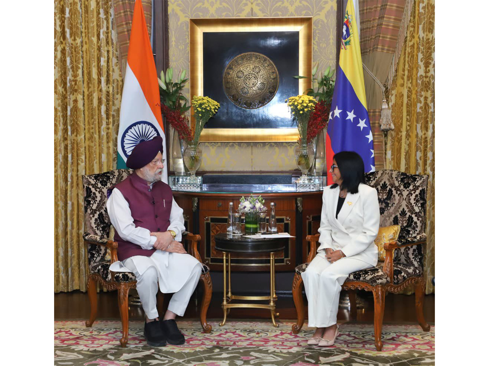 Union Minister Hardeep Singh Puri and Venezuela Acting President Delcy Rodriguez during a meeting in New Delhi discussing energy cooperation (Photo/X@HardeepSPuri)