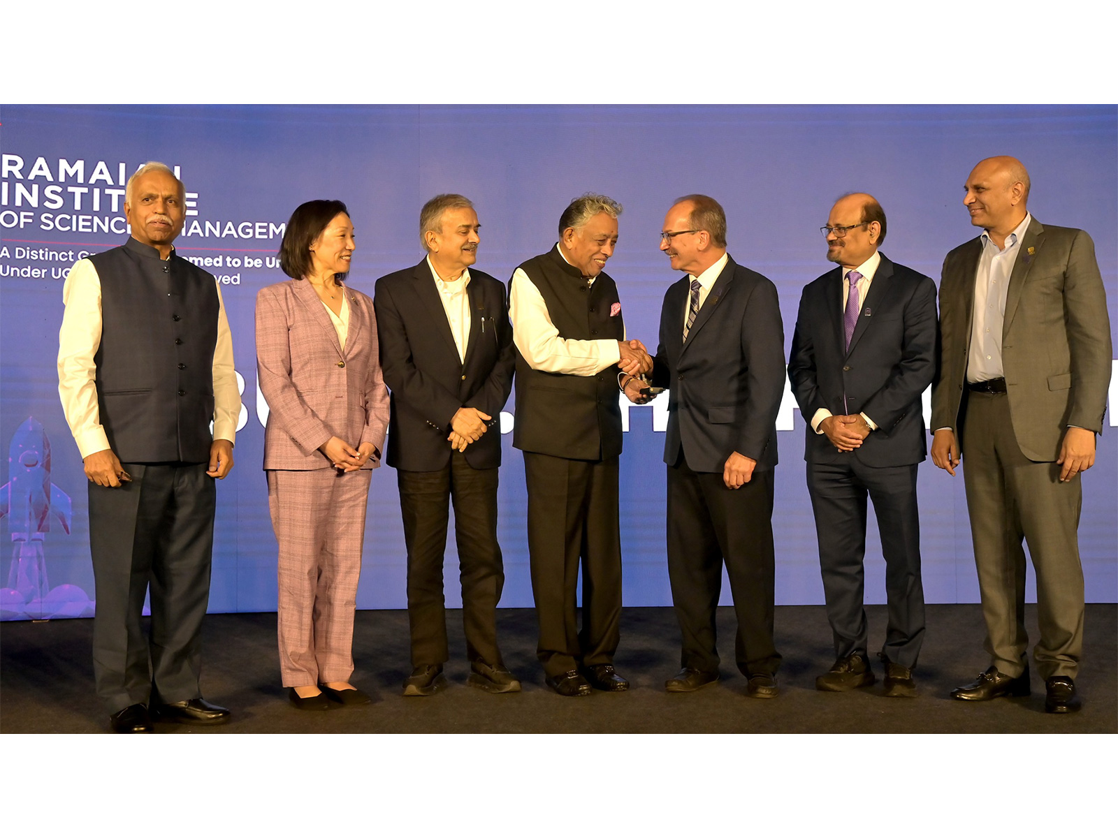 Dr. M R Jayaram and Havidan Rodríguez with senior leaders at the launch of the Ramaiah Institute of Science and Management (RISM) in Bengaluru