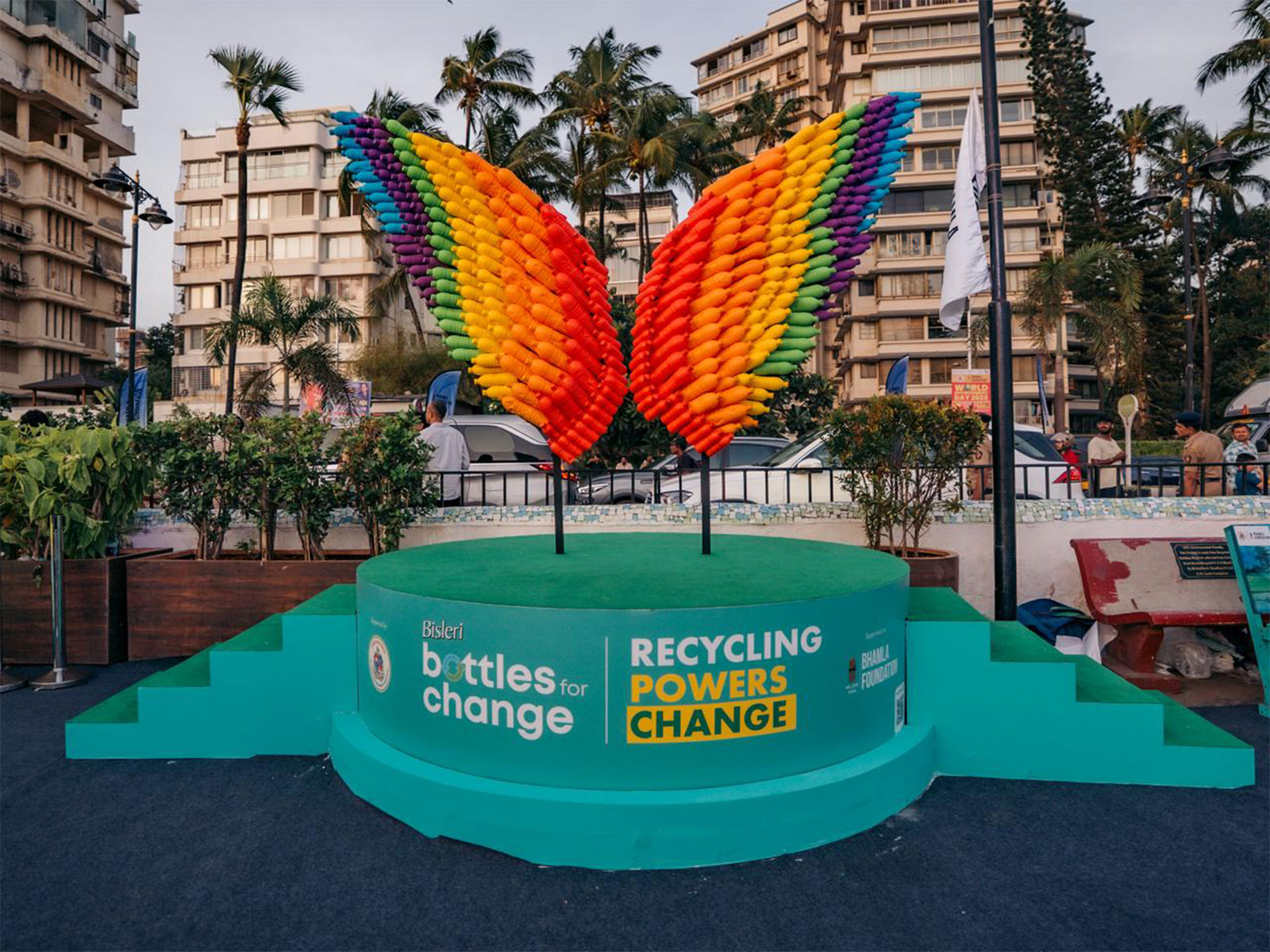 Wings of Change - a unique art installation by Bisleri & Bhamla Foundation created from 2,000 PET bottles at Carter Road, Bandra