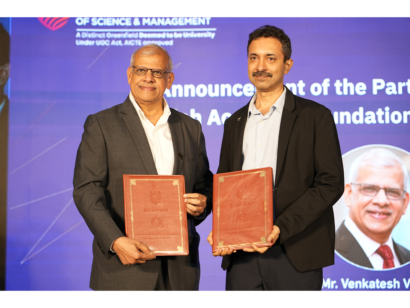 MoU exchange between Venkatesh Valluri, Vice Chairman, Ramaiah Academy Foundation, and Deepak N.G., Managing Director–India, Dassault Systemes