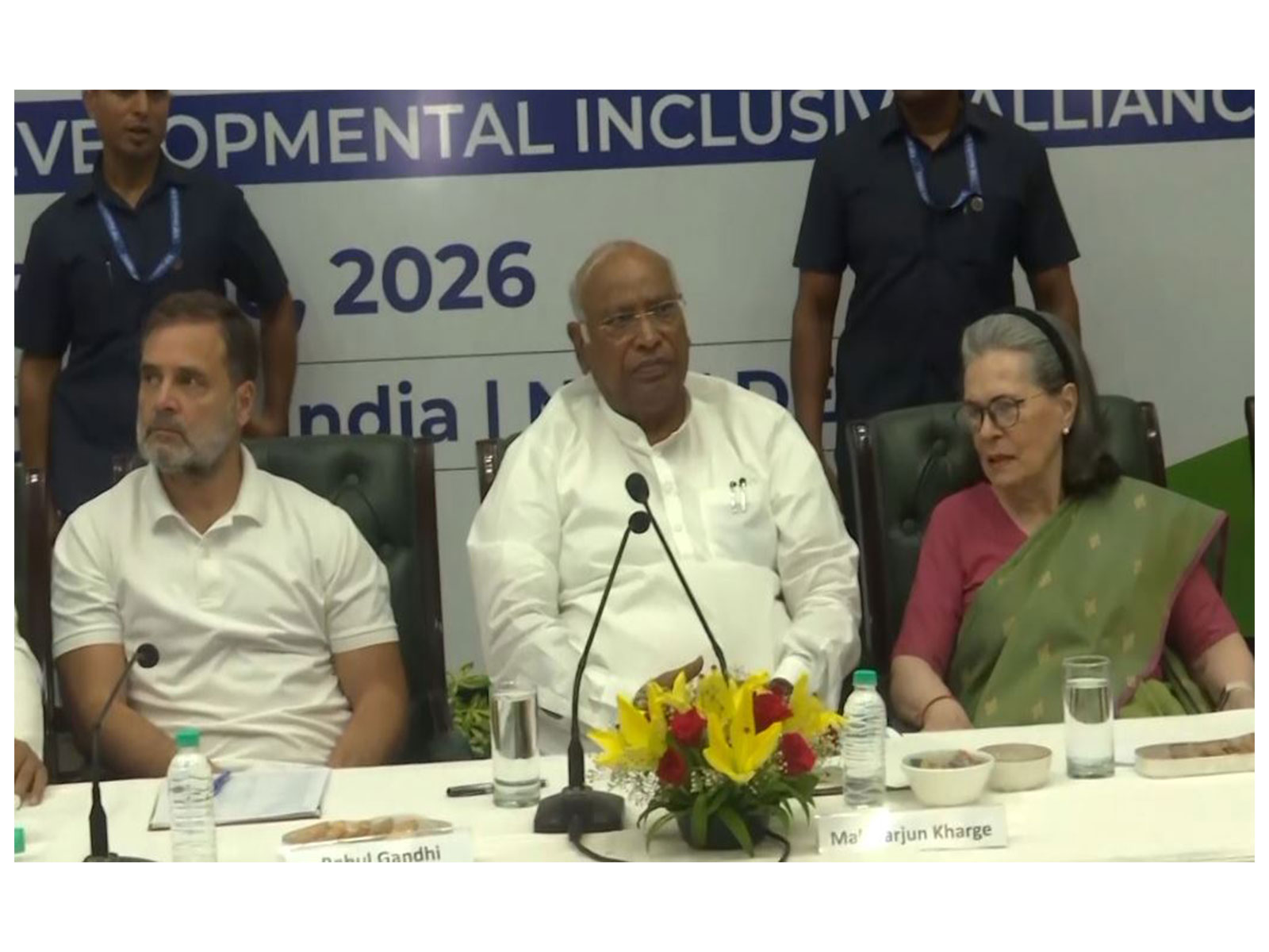 Congress president Mallikarjun Kharge with senior party leaders Sonia Gandhi and Rahul Gandhi (Photo/ANI)