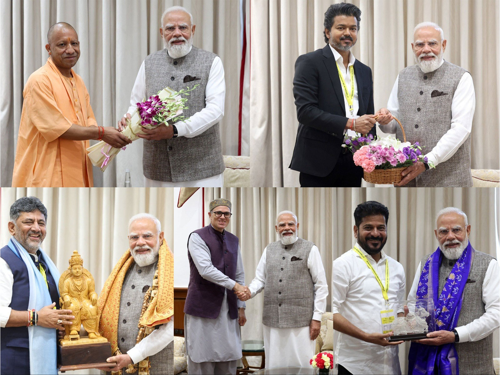 Uttar Pradesh Chief Minister Yogi Adityanath, Tamil Nadu CM C Joseph Vijay, Karnataka CM DK Shivakumar, Jammu and Kashmir CM Omar Abdullah and Telangana CM Revanth Reddy meet Prime Minister Narendra Modi (Photos/@PMOIndia)X/