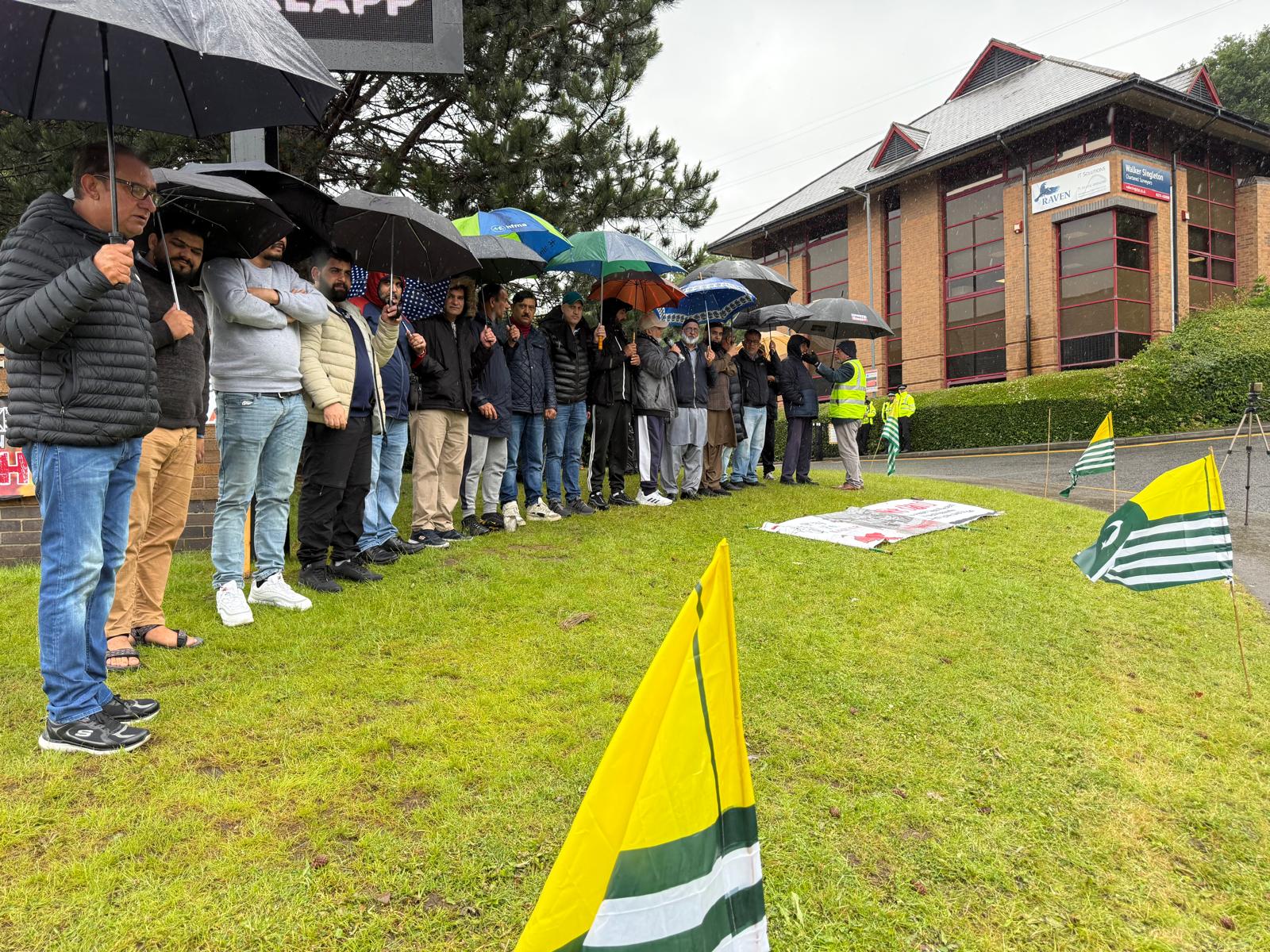 PoJK activists protest outside the Pakistani Consulate in Bradford, UK, demanding justice for victims of a violent military crackdown. (Photo/ANI) 