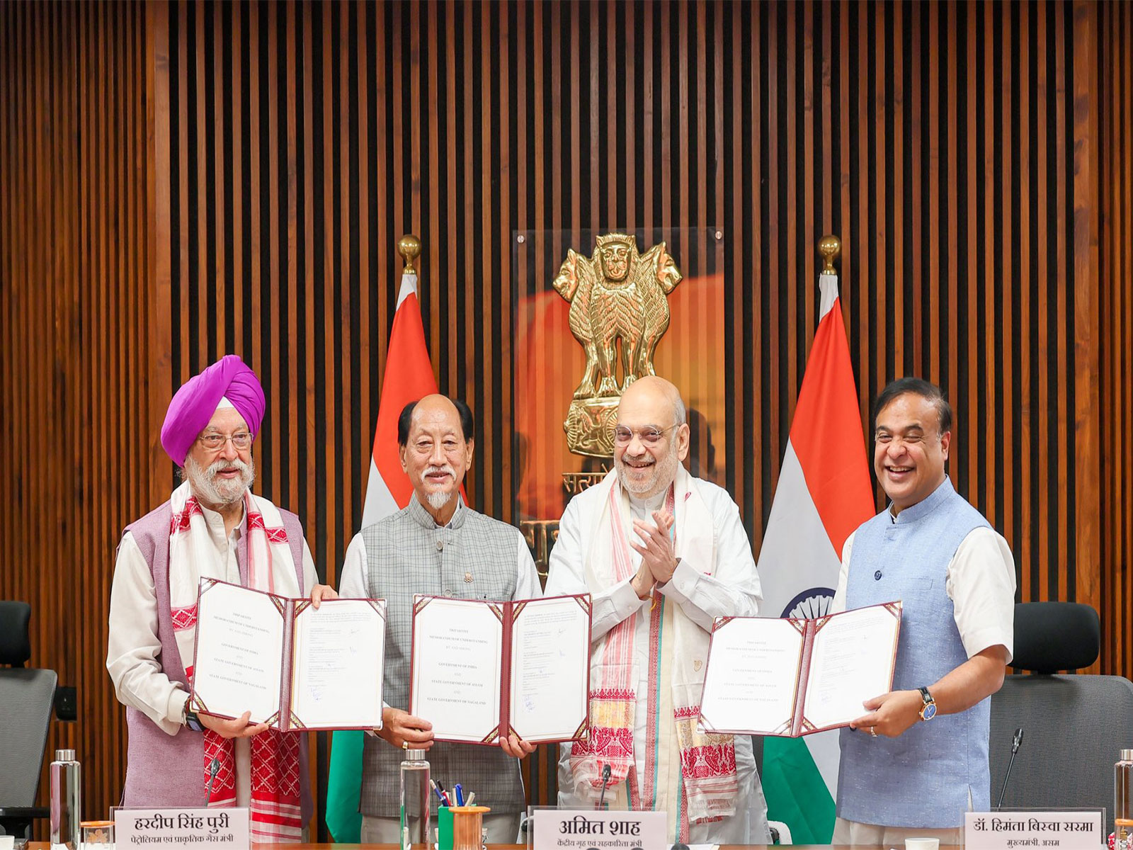 Union Petroleum and Natural Gas Minister Hardeep Singh Puri, Nagaland Chief Minister Neiphiu Rio, Union Home Minister Amit Shah and Assam Chief Minister Himanta Biswa Sarma (Photo: x/@AmitShah)