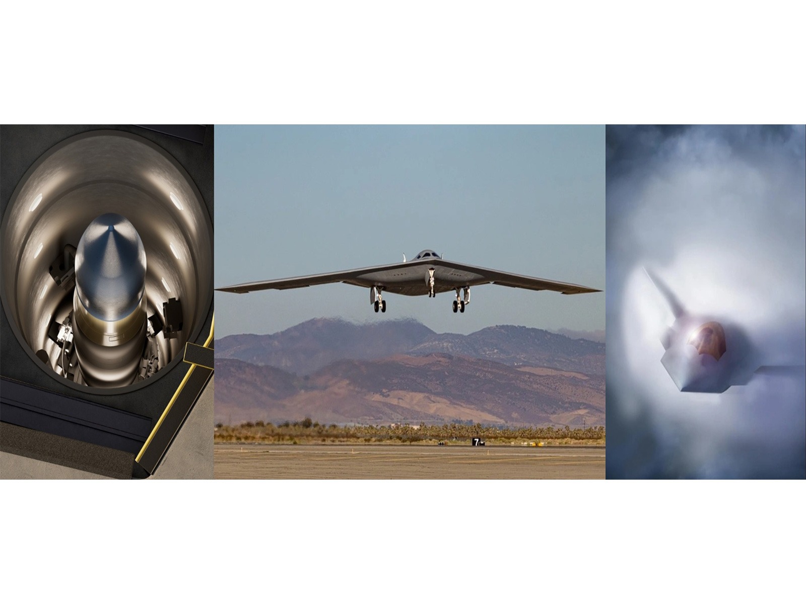 The Sentinel ICBM (representative), B-21 Raider stealth bomber, and F-47 next-generation fighter aircraft (Representative) (Photo/US Air Force/ Northrop Grumman)
