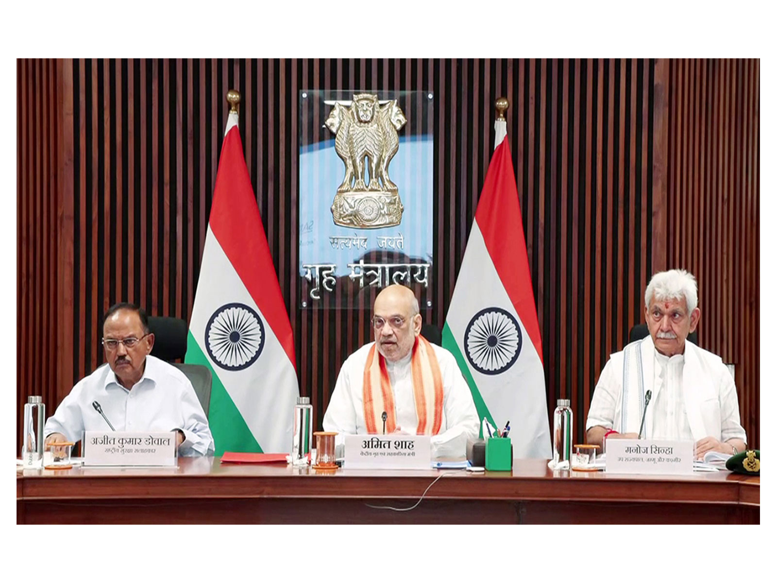Union Home Minister Amit Shah, along with National Security Advisor (NSA) Ajit Doval and Jammu and Kashmir Lieutenant Governor Manoj Sinha (Photo/ANI)