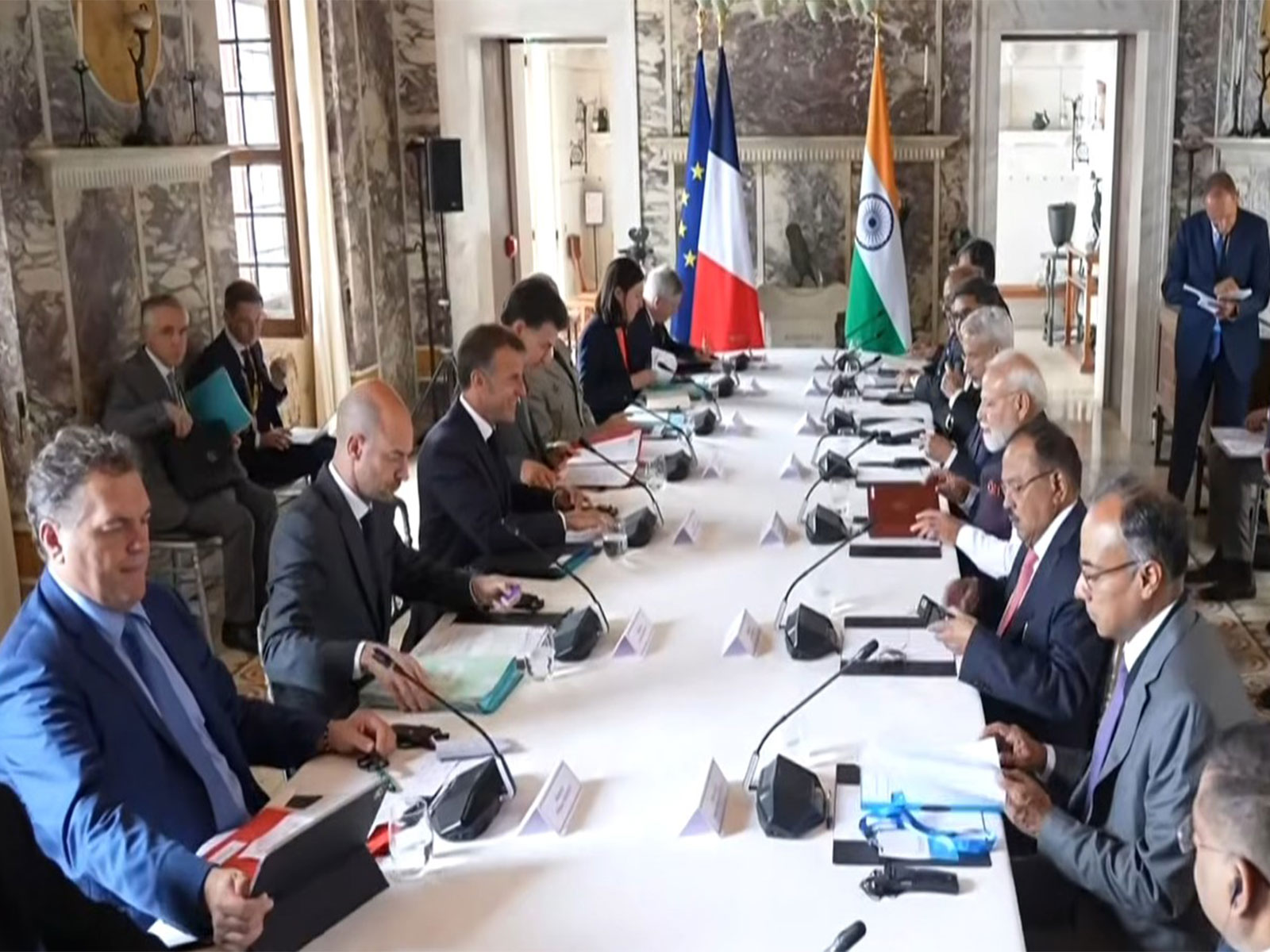 PM Modi and French President Macron hold delegation-level talks in Nice, France (Photo/YouTube/Narendra Modi) PM Modi and French President Macron hold delegation-level talks in Nice, France (Photo/YouTube/Narendra Modi)