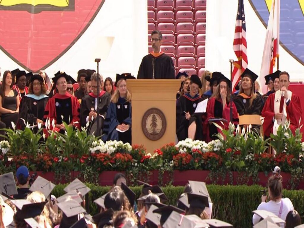 Student protestors walk out during Stanford commencement speech by Google CEO Pichai