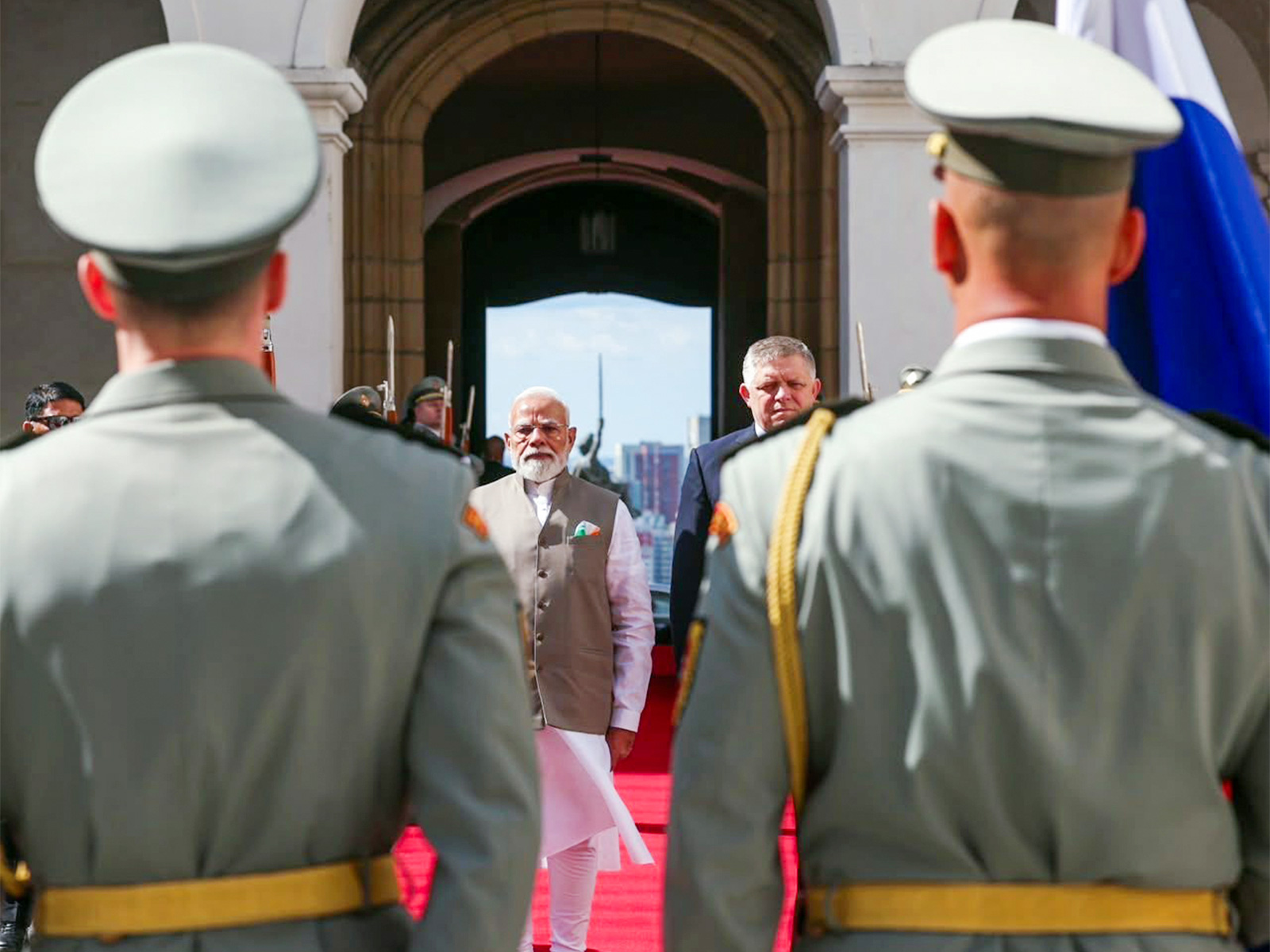 PM Modi recieves ceremonial welcome and Guard of Honour in Bratislava, Slovakia (Photo/ANI) PM Modi recieves ceremonial welcome and Guard of Honour in Bratislava, Slovakia (Photo/ANI)