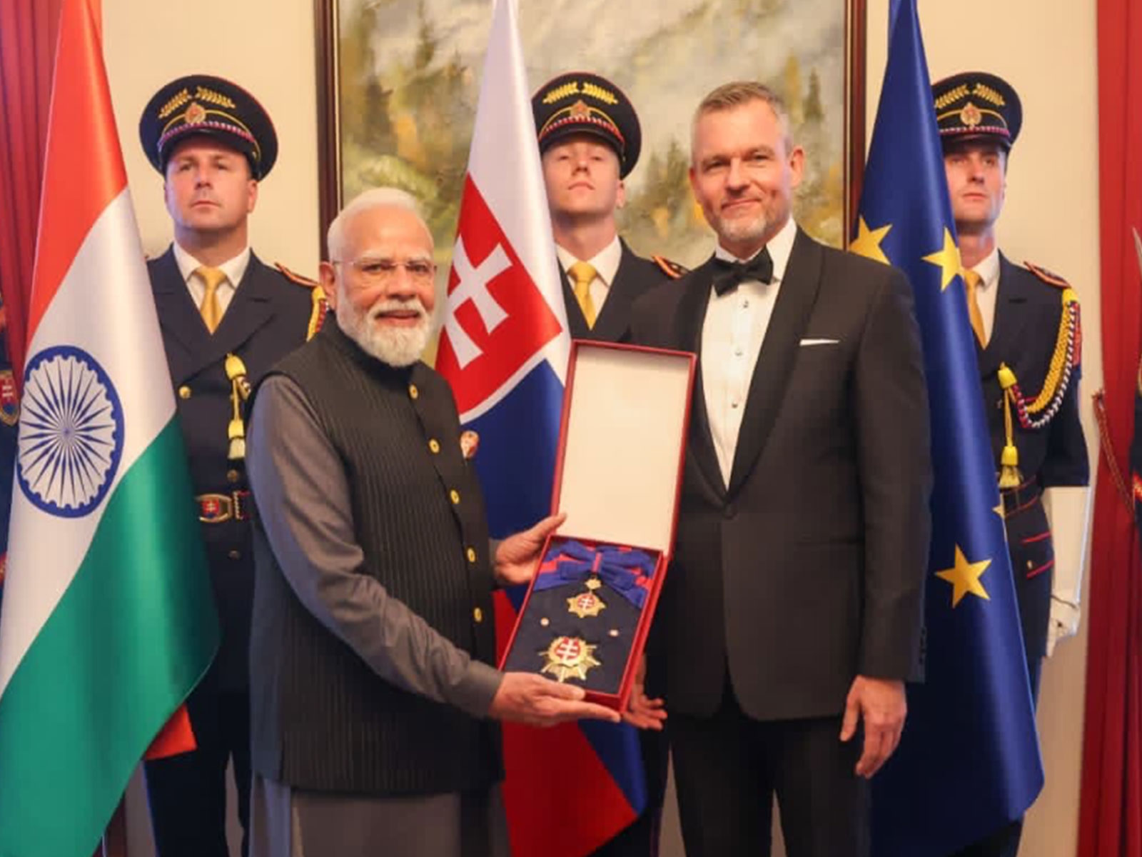 PM Narendra Modi being conferred The Order of the White Double Cross (1st Class) (Photo/X/@ombirlakota)