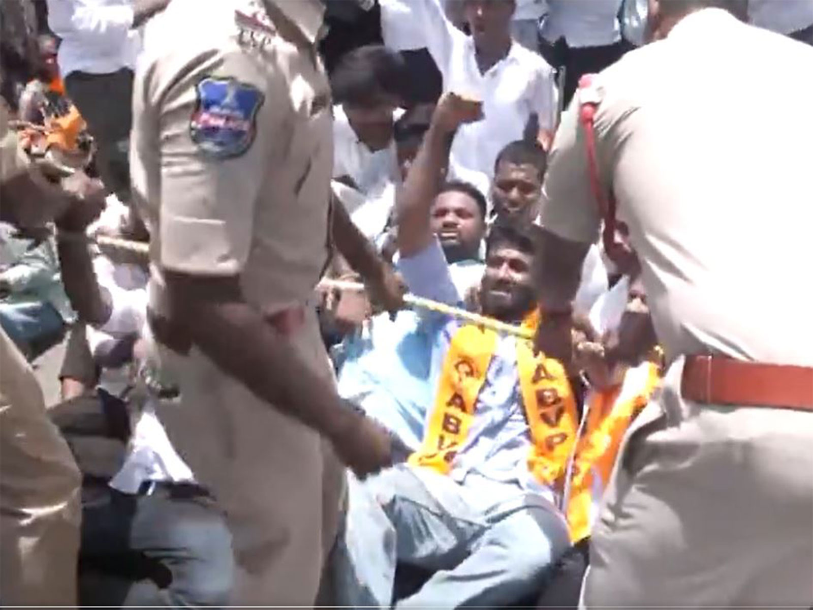 ABVP activists stage protest in Hyderabad against high private school fees (Photo/ANI)