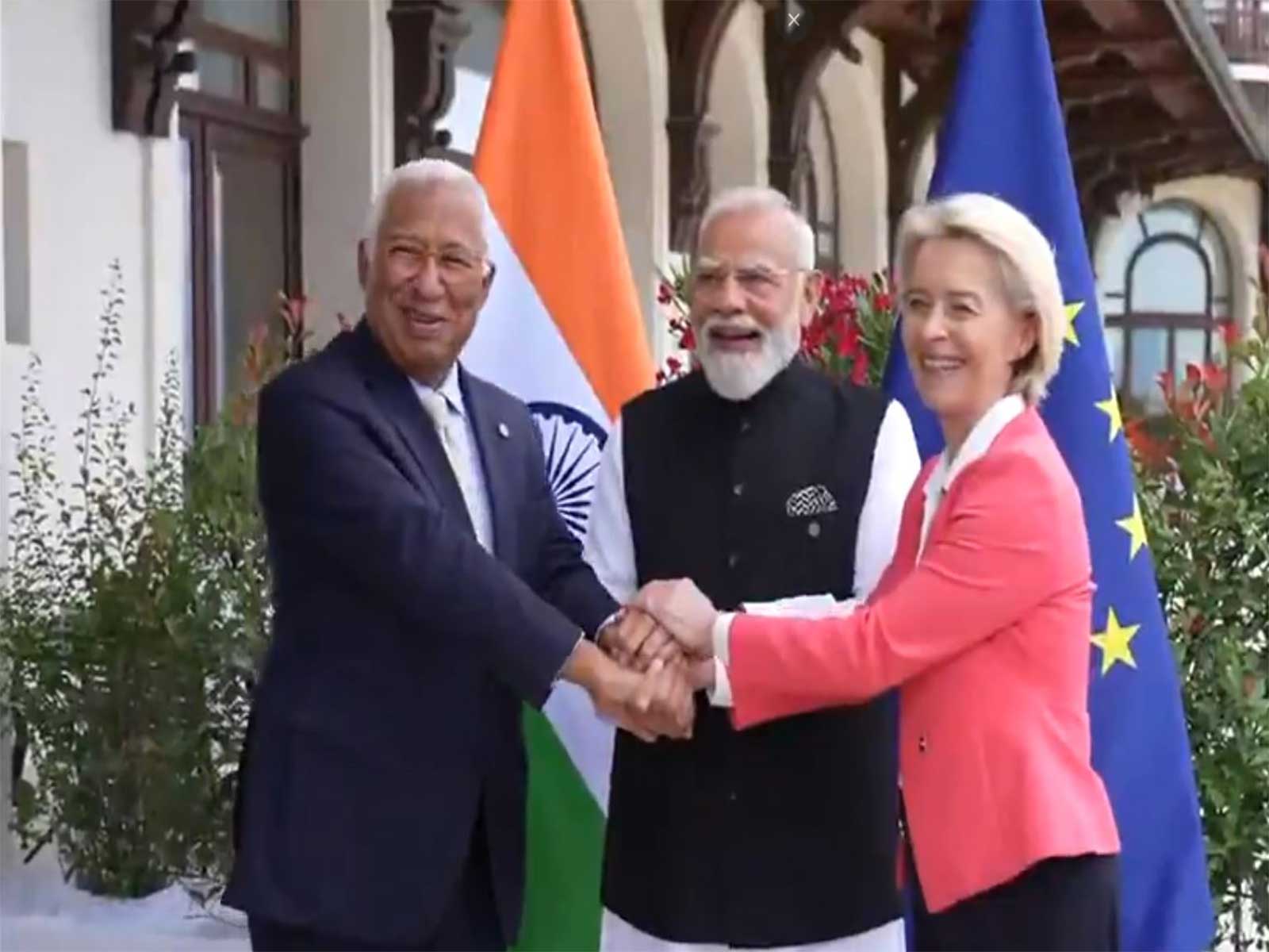 Prime Minister Narendra Modi meets European Council President António Costa and European Commission President Ursula von der Leyen on the sidelines of the G7 Summit in Évian, France. (Photo/ANI) Prime Minister Narendra Modi meets European Council President António Costa and European Commission President Ursula von der Leyen on the sidelines of the G7 Summit in Évian, France. (Photo/ANI)
