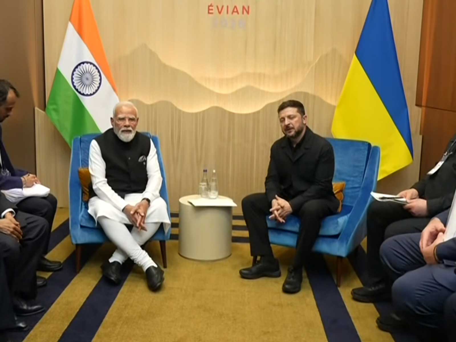 Prime Minister Narendra Modi with Ukrainian President Volodymyr Zelenskyy in a bilateral meeting on sidelines of G7 summit (Photo/ANI/DD) Prime Minister Narendra Modi with Ukrainian President Volodymyr Zelenskyy in a bilateral meeting on sidelines of G7 summit (Photo/ANI/DD)