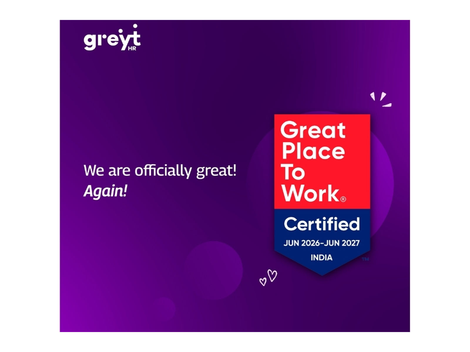 greytHR has been certified as a Great Place to Work® again with a 95% employee participation rate and 84% Trust Index score