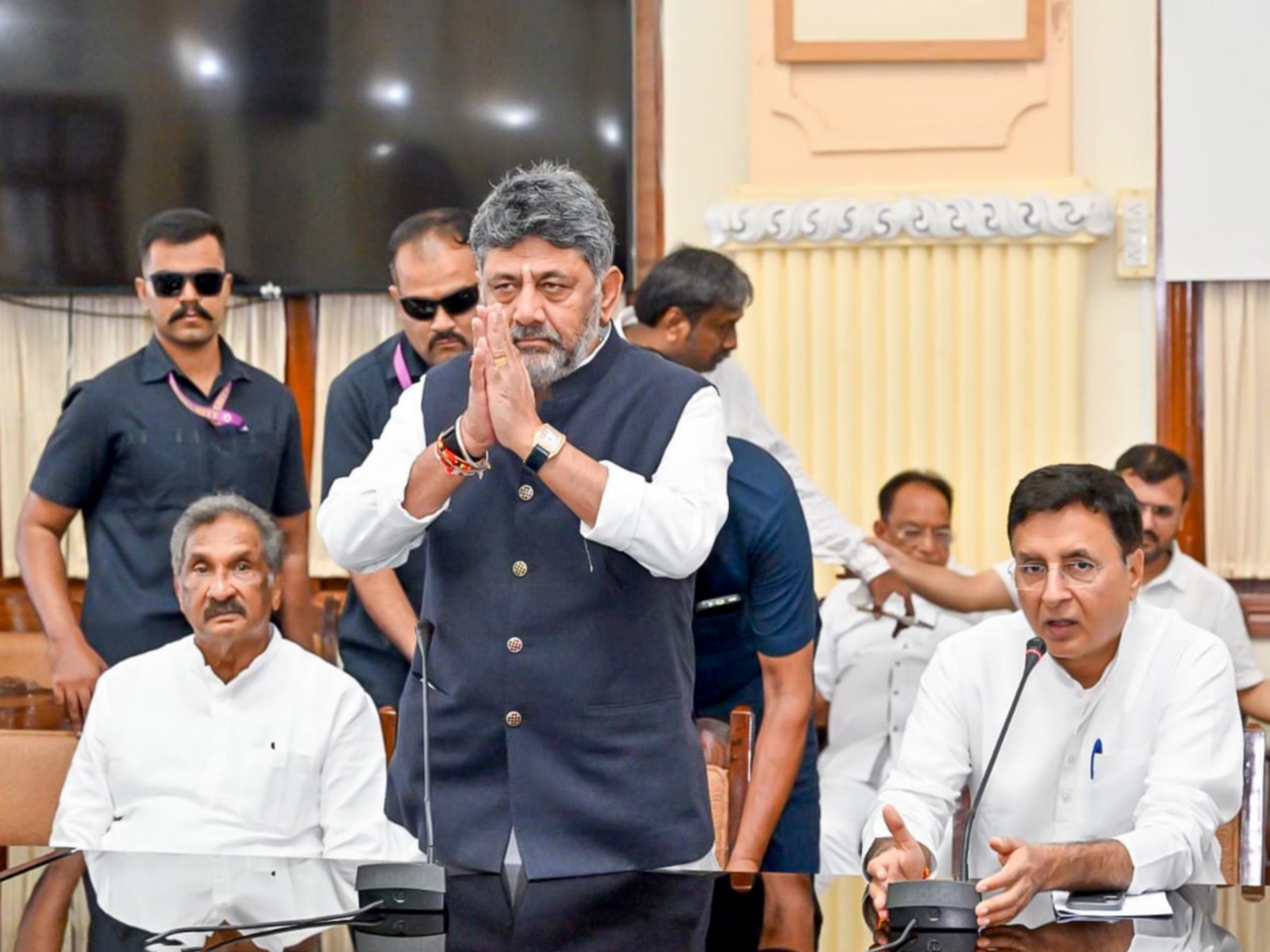 Karnataka Chief Minister DK Shivakumar during a meeting before casting vote for the MLC election (Photo/ANI)