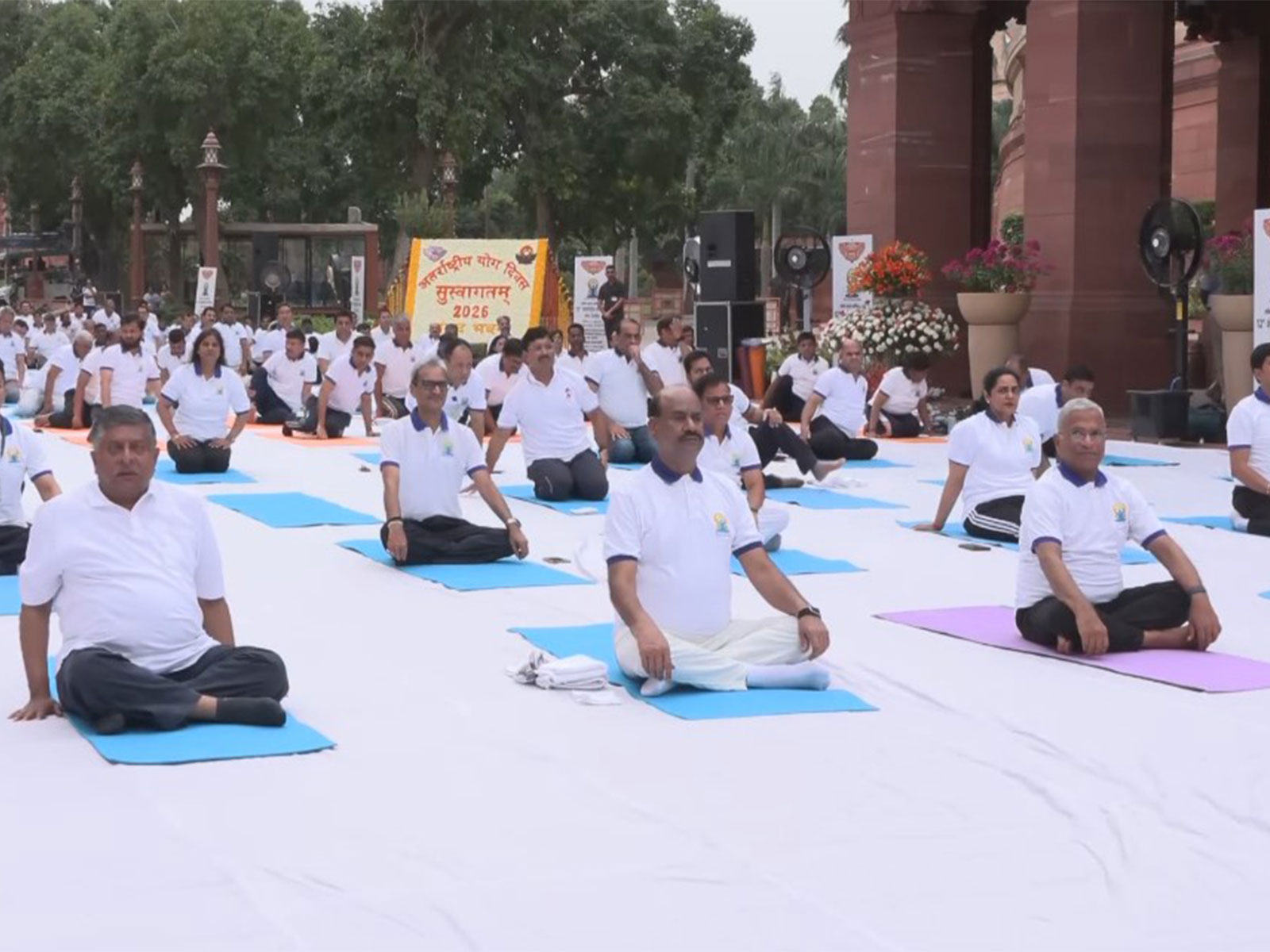 Om Birla led a yoga session with Members of Parliament in the Parliament House Complex, (Photo/ANI)