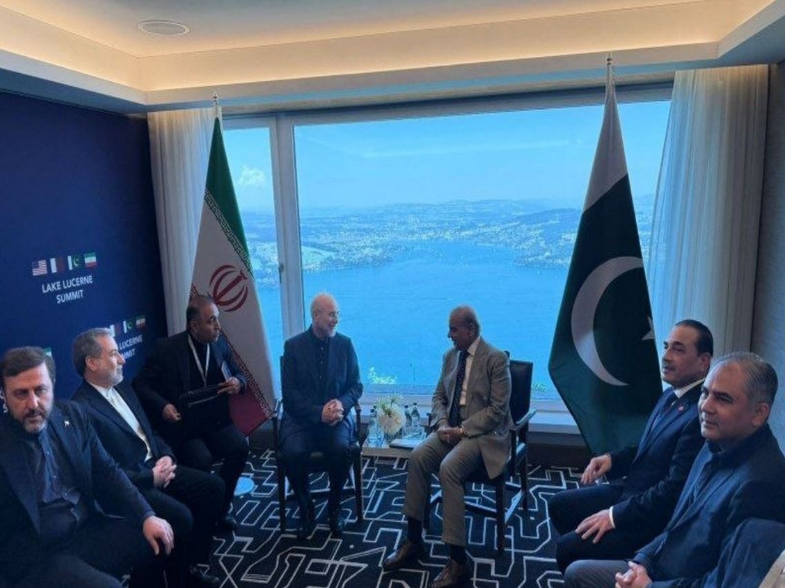 Iranian Parliament Speaker Mohammad Bagher Ghalibaf and Pakistan Prime Minister Shehbaz Sharif meet on the sidelines of US-Iran negotiations in Bürgenstock, Switzerland. (Image Source: Iranian state media)