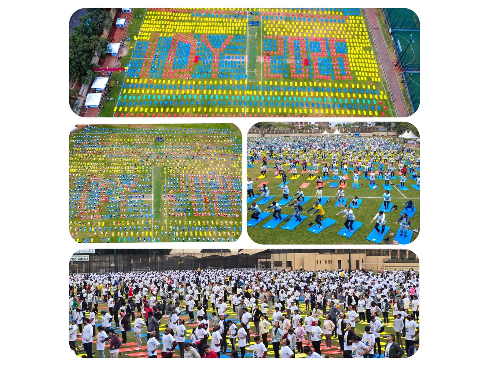 Participants perform yoga during the 12th International Day of Yoga celebrations at the Oshwal Centre Grounds in Nairobi, Kenya. (Photo: X/@IndiainKenya)