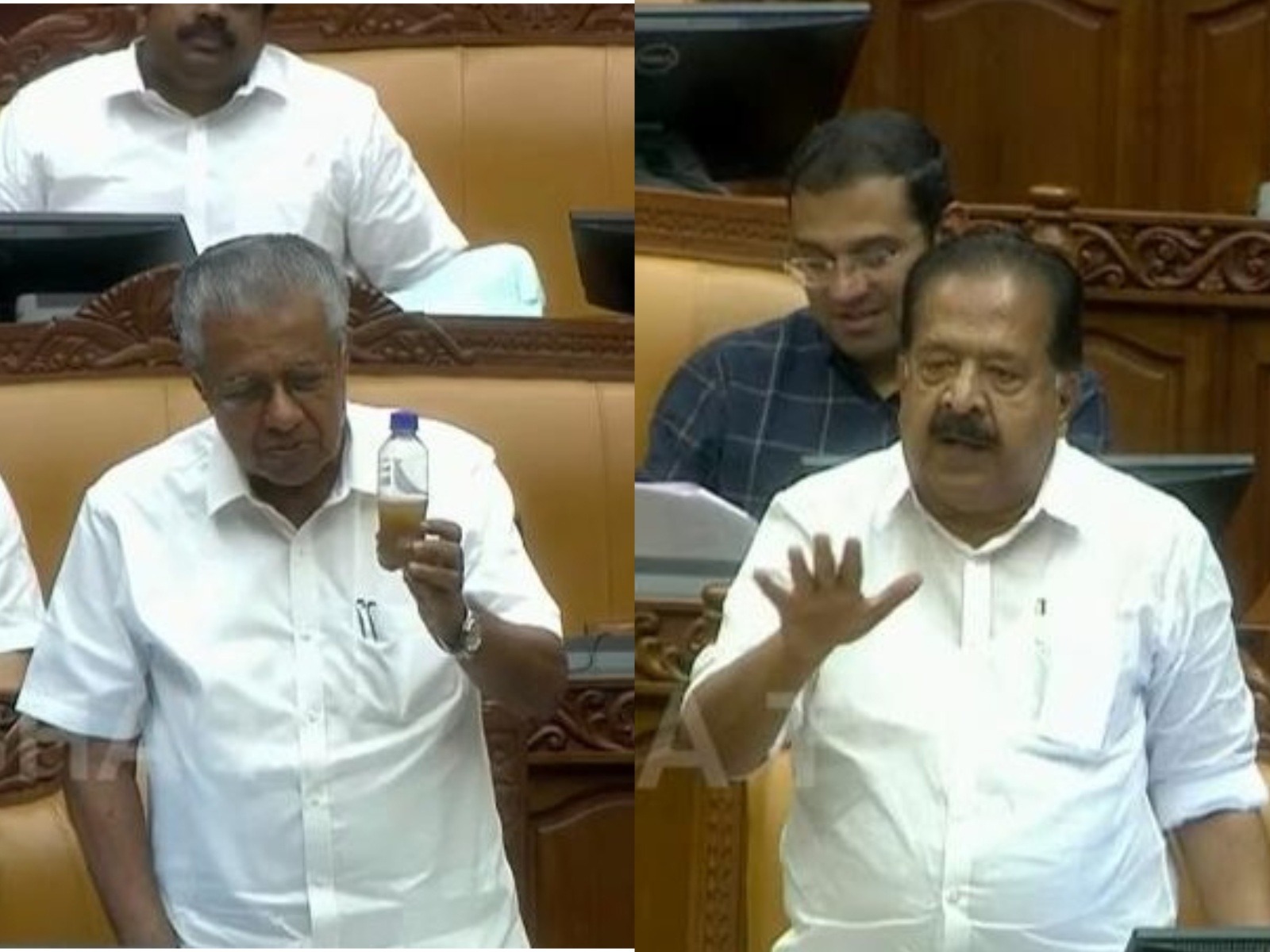 Keralam Assembly LoP Pinarayi Vijayan and Keralam Home Minister Ramesh Chennithala (Photo: Kerala Assembly)