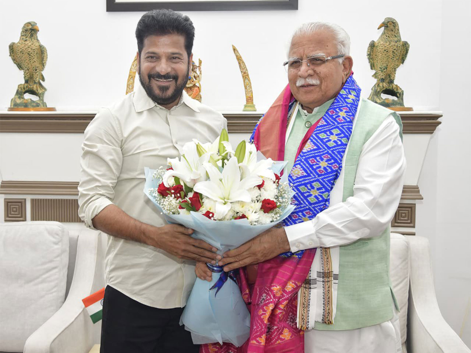 Telangana Chief Minister Revanth Reddy and Union Ministers Manohar Lal Khattar (Photo/ANI)