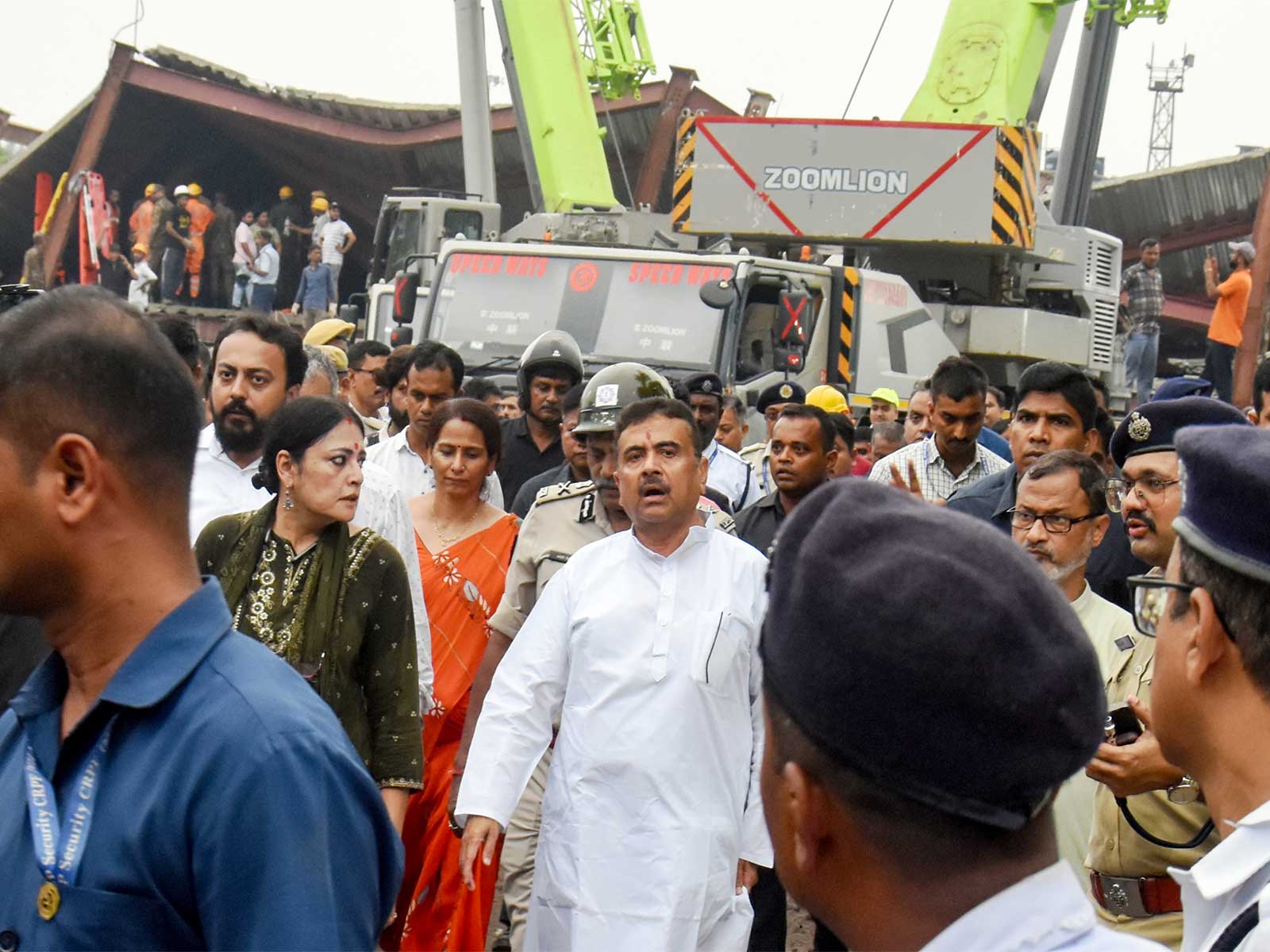 West Bengal Chief Minister Suvendu Adhikari with state minister of Urban Development and Municipal Affairs Agnimitra Paul visits the site where an under-construction godown shed collapsed (Photo/ANI)
